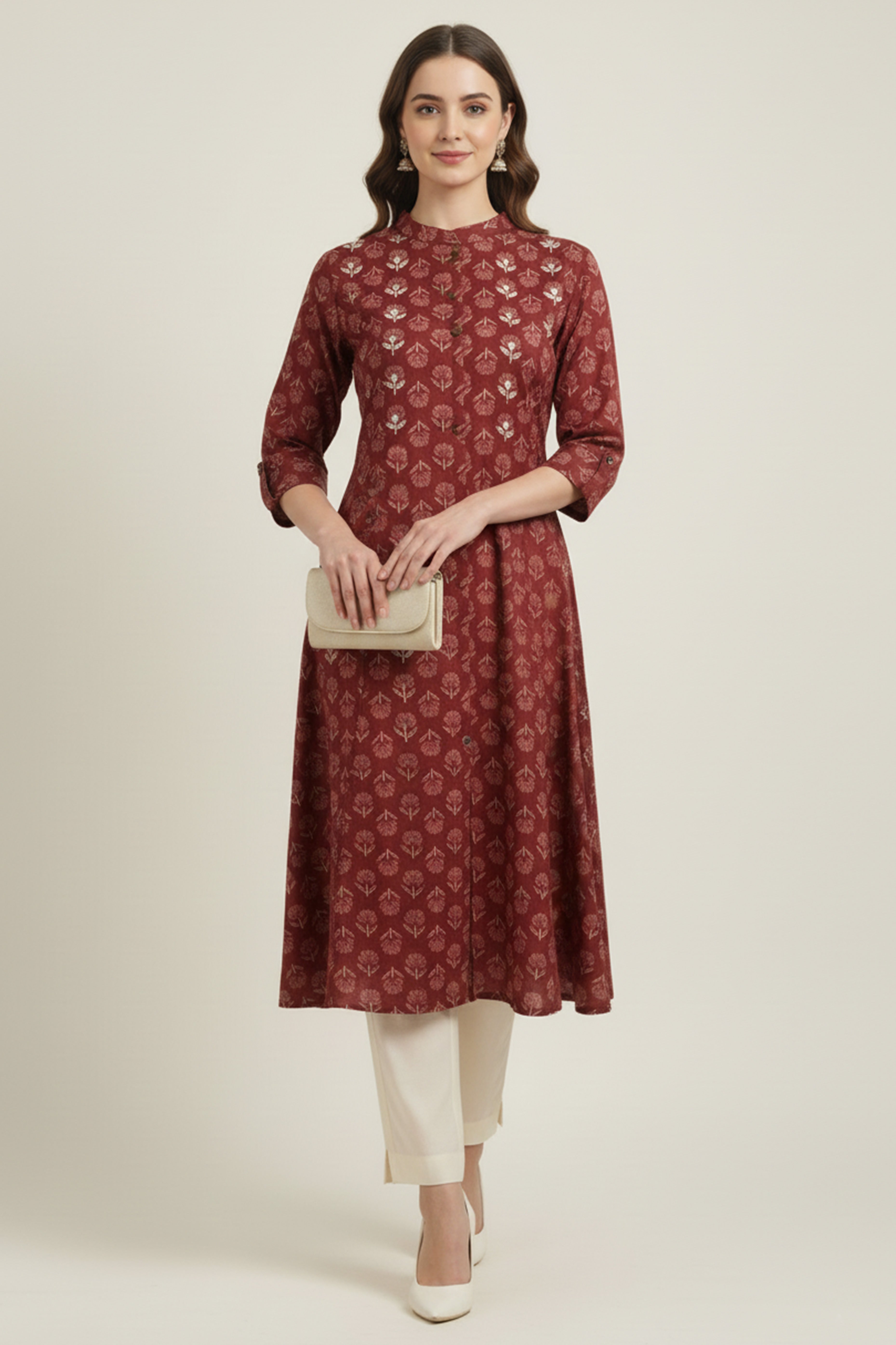 Lightweight Maroon Floral Printed A-Line Kurti Perfect for Everyday Styling and Comfort