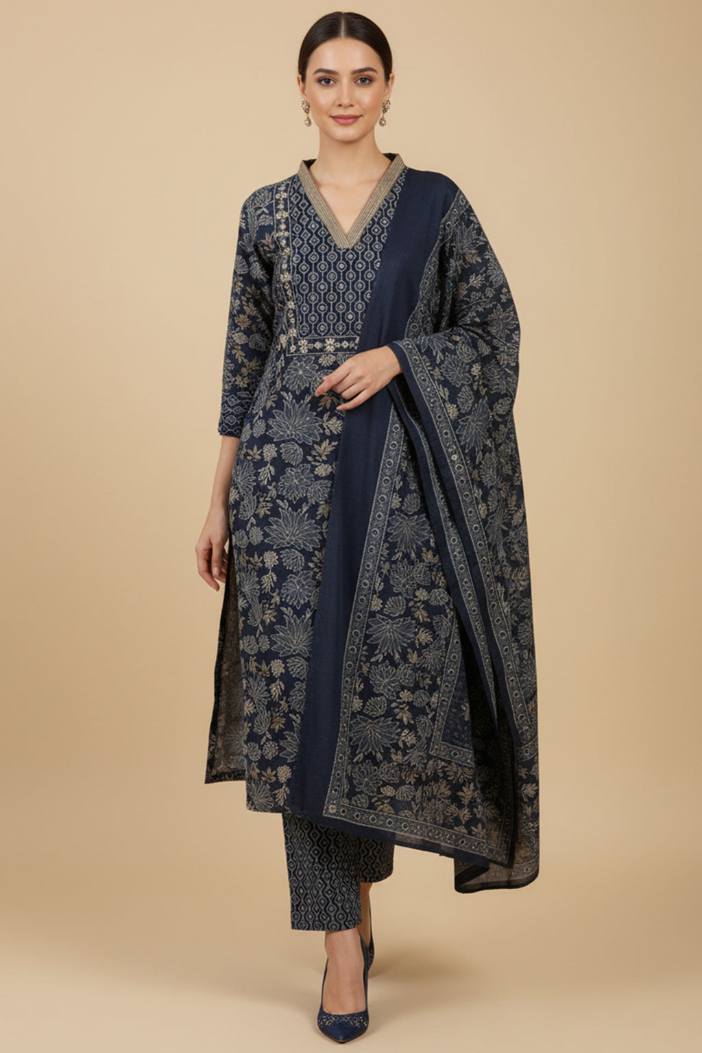 Pastel Grey Muslin Floral Printed & Beaded Work Straight Suit