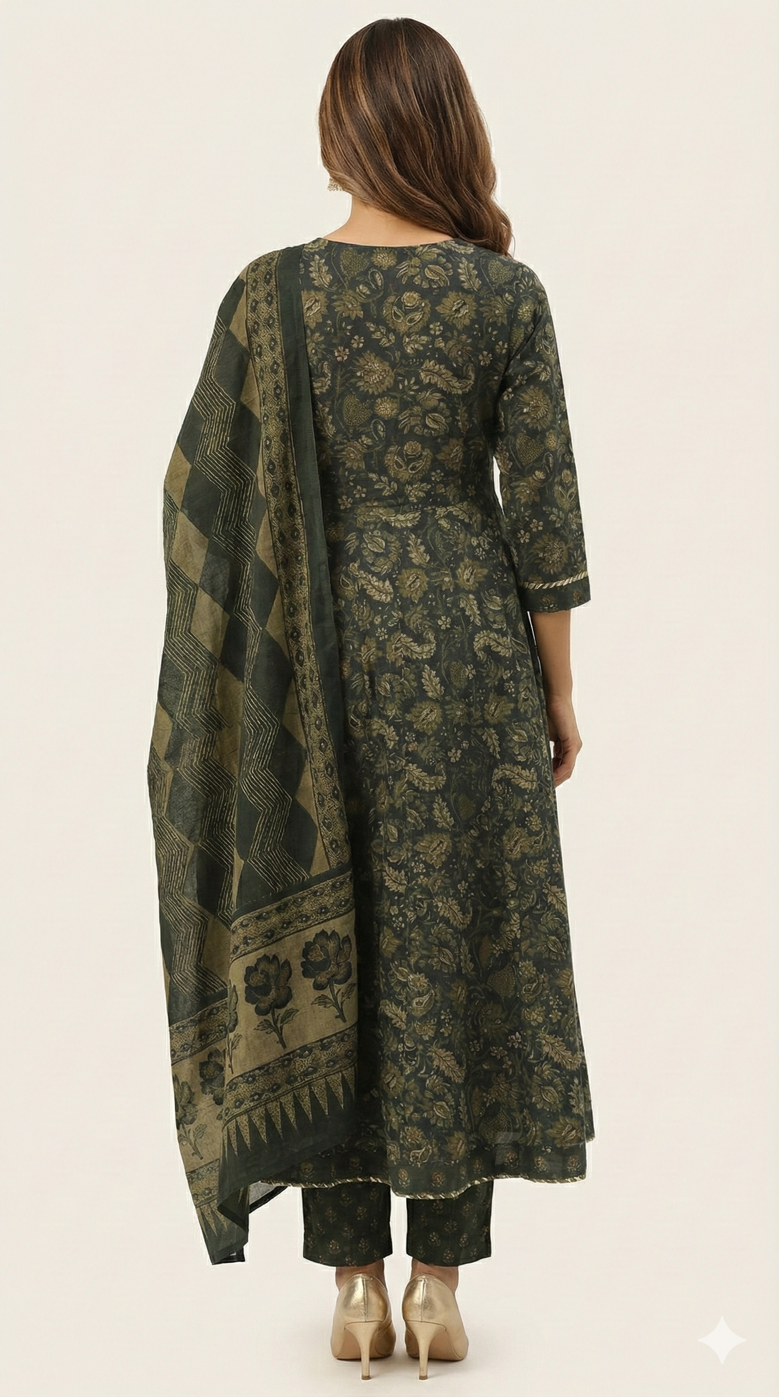 Dark Green Graceful Paisley Printed Pure Cotton Anarkali Suit for Festive Wear