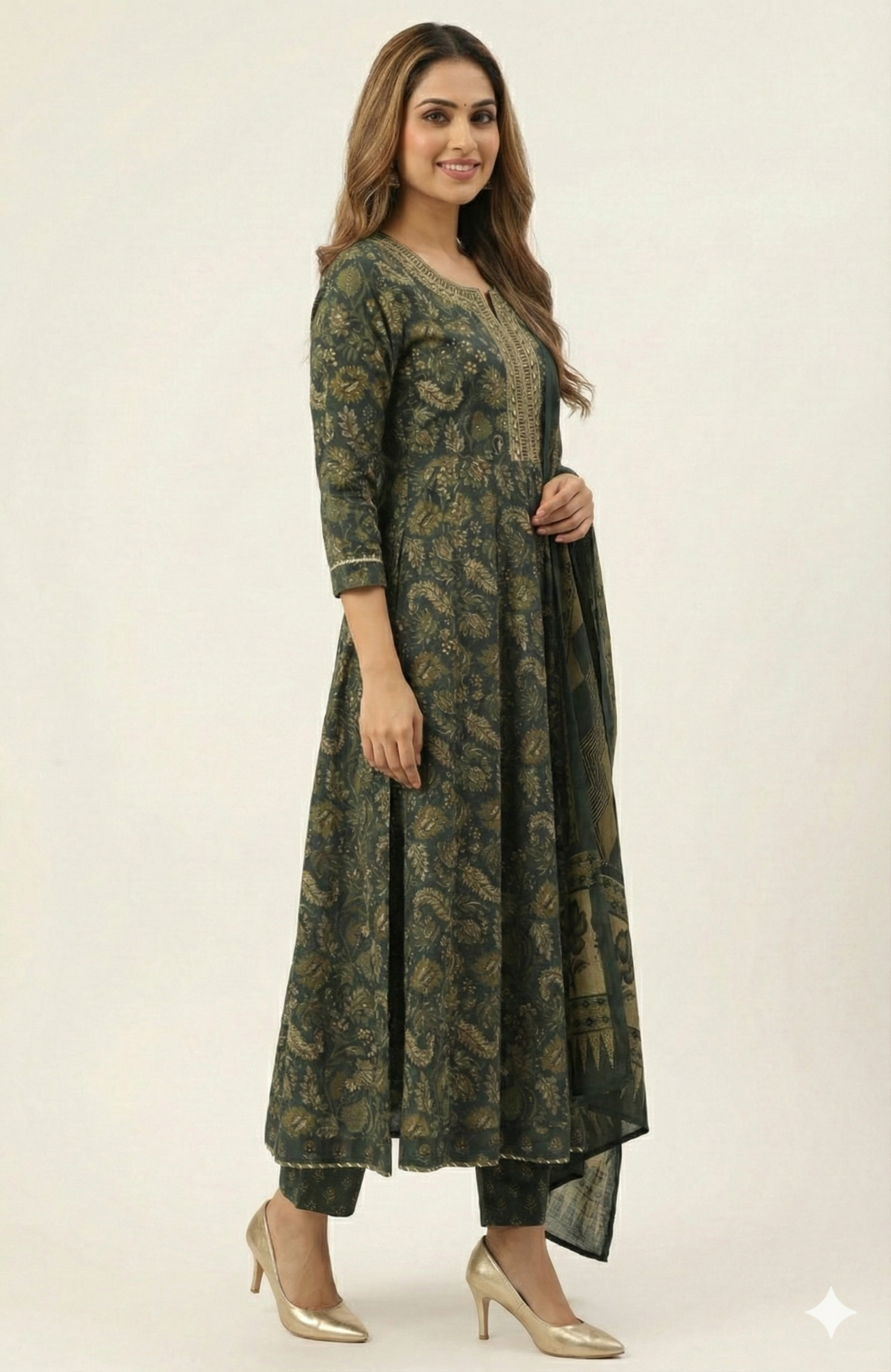 Dark Green Graceful Paisley Printed Pure Cotton Anarkali Suit for Festive Wear