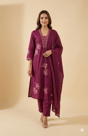 Wine Elegant Floral Embroidered Pure cotton A-Line Salwar Suit for Festive Wear