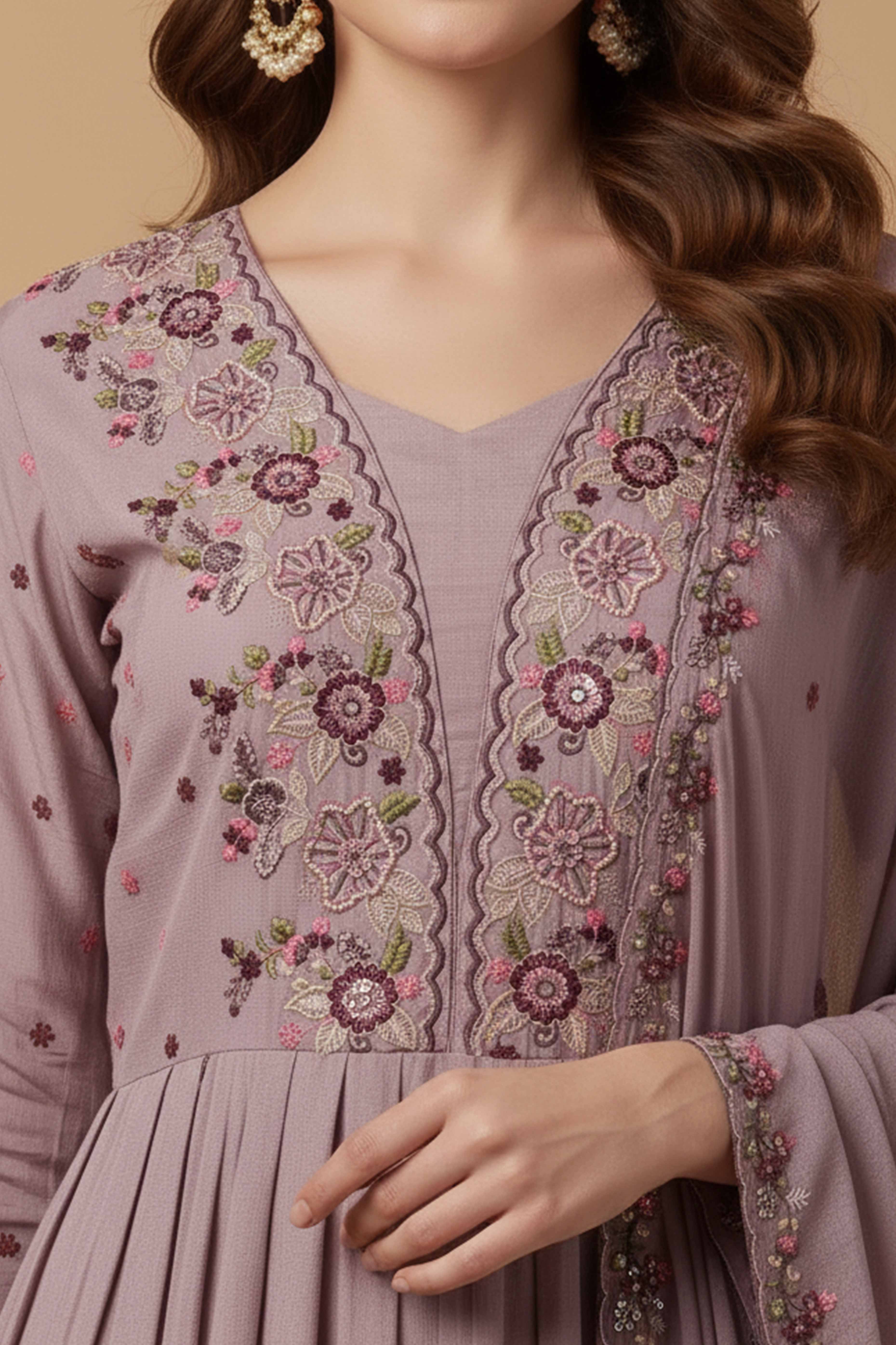 Lavender Viscose Chinon Anarkali Suit with Handcrafted Beaded and Stone Detailing