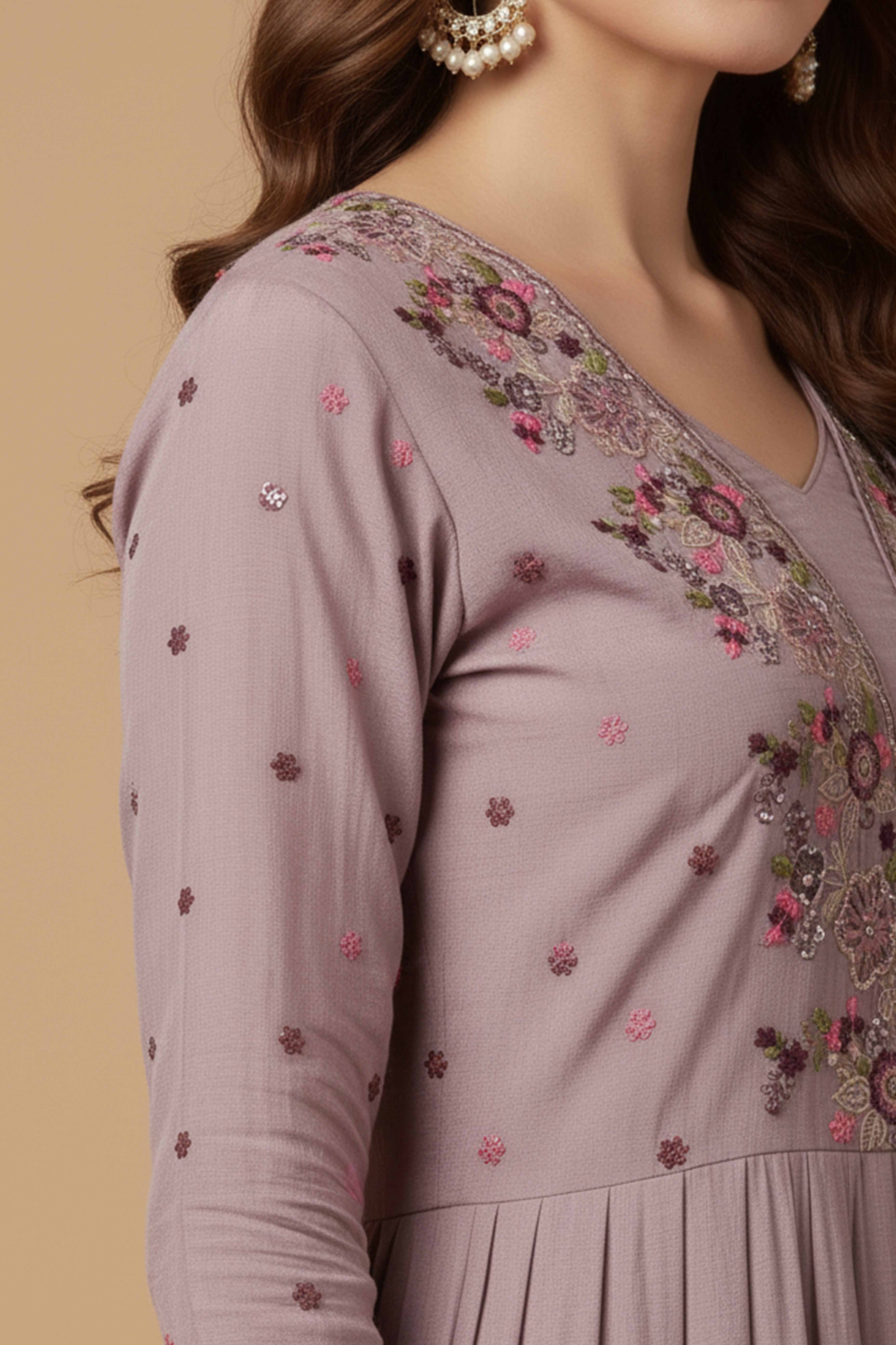 Lavender Viscose Chinon Anarkali Suit with Handcrafted Beaded and Stone Detailing