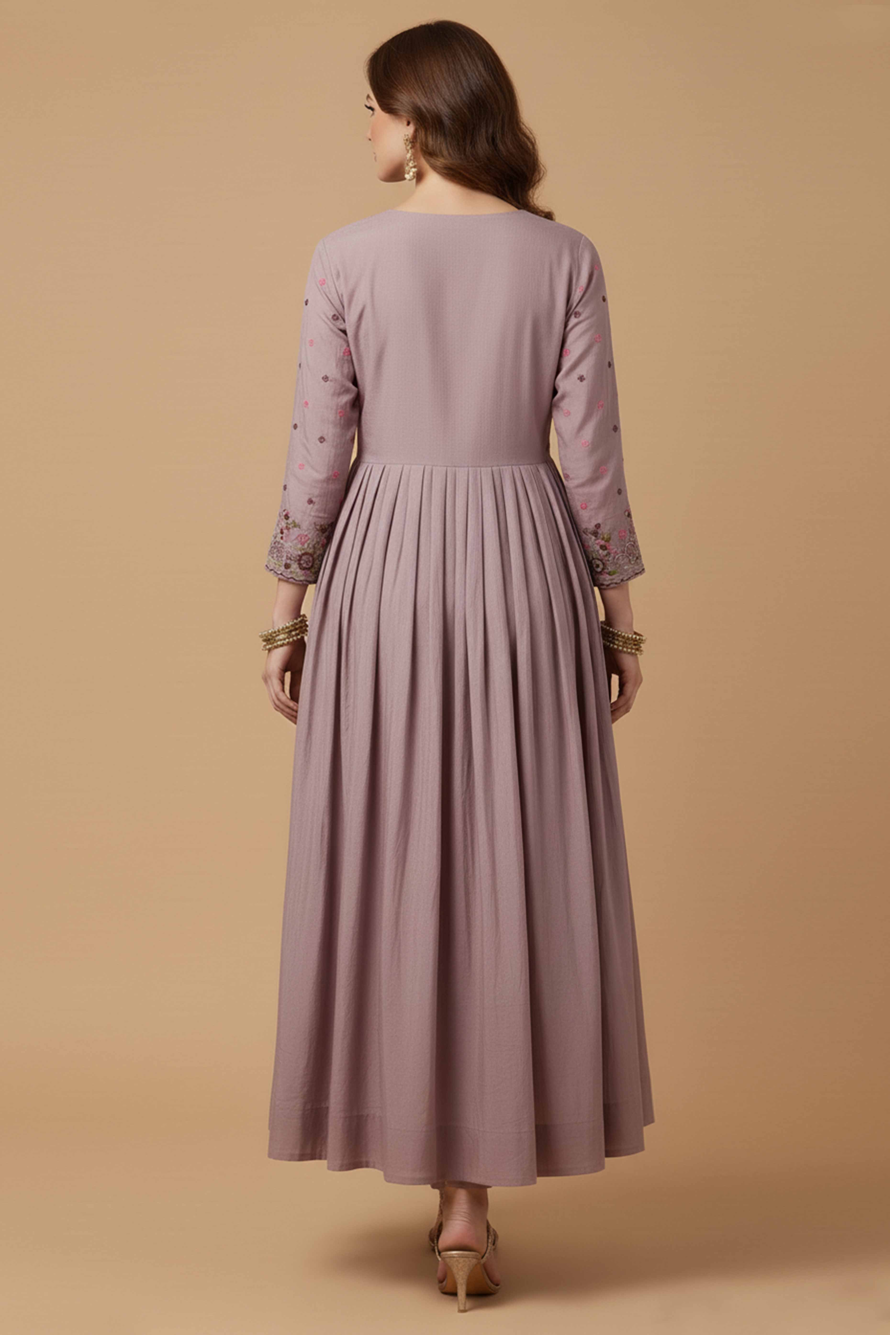 Lavender Viscose Chinon Anarkali Suit with Handcrafted Beaded and Stone Detailing