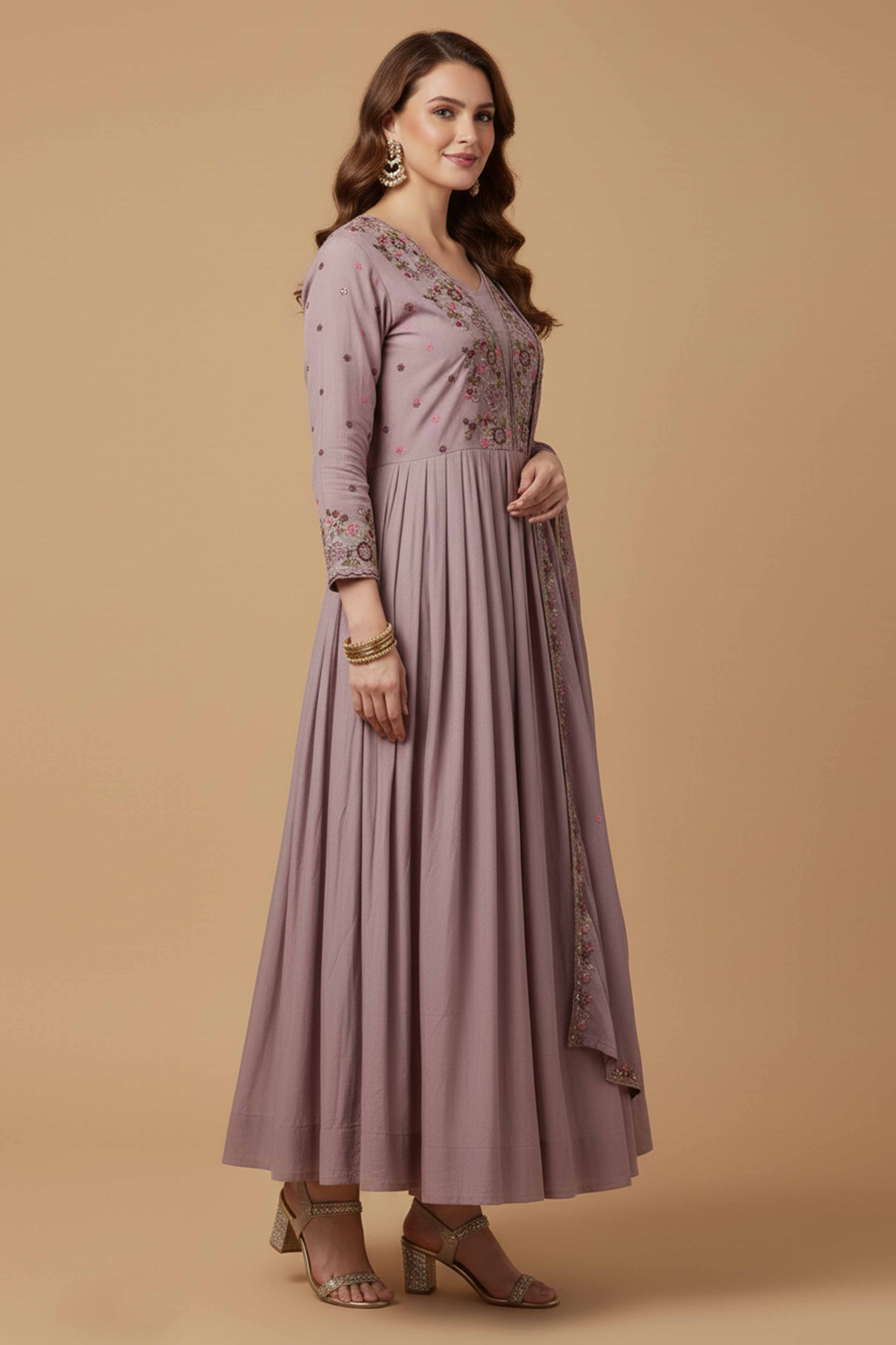 Lavender Viscose Chinon Anarkali Suit with Handcrafted Beaded and Stone Detailing