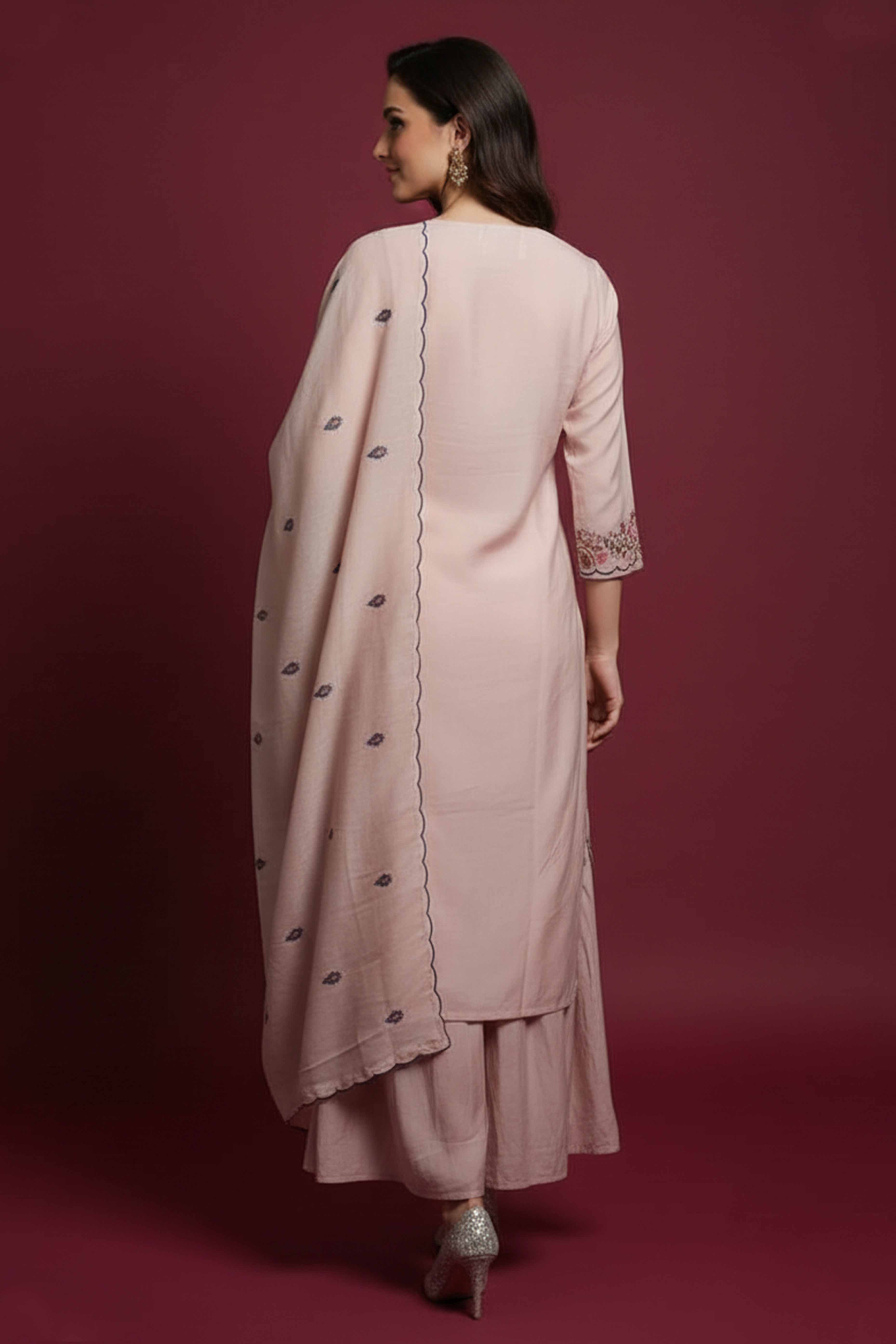 Graceful Baby Pink Viscose Sharara Suit With Floral Sequins Embroidery & Bead Detailing