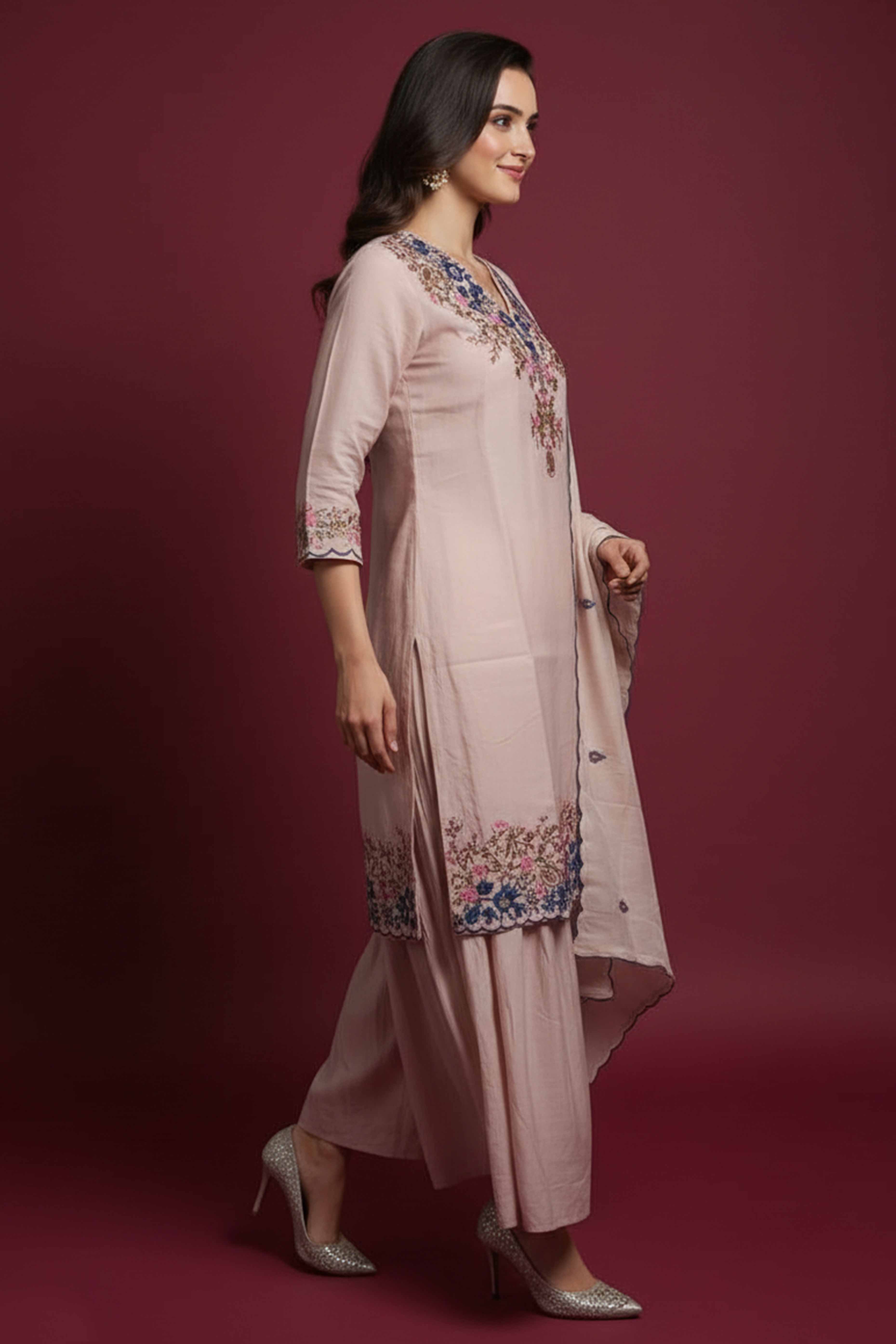 Graceful Baby Pink Viscose Sharara Suit With Floral Sequins Embroidery & Bead Detailing