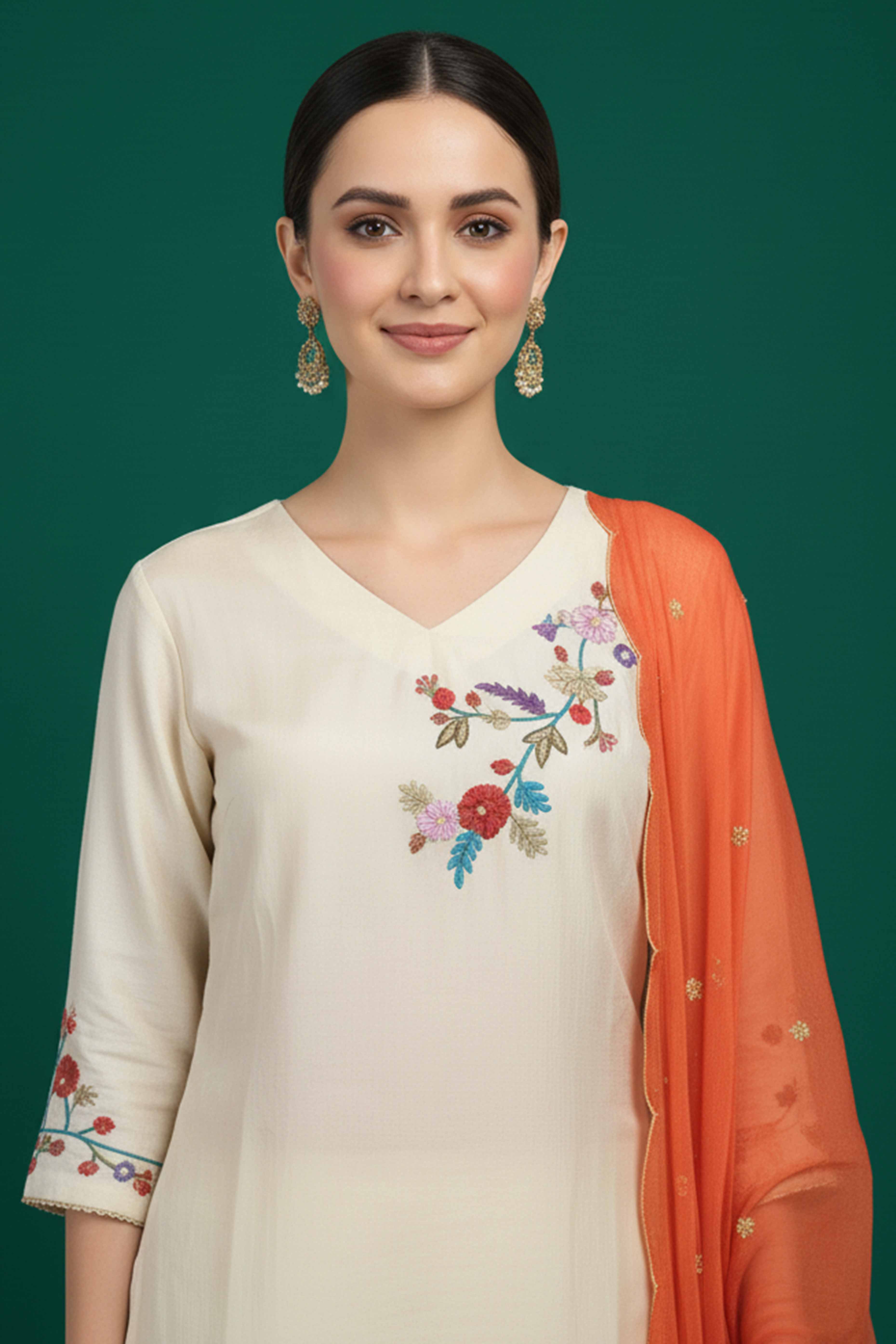Chic Offwhite Viscose Palazzo Suit Featuring Floral Thread Embroidery & Moti Hand Work