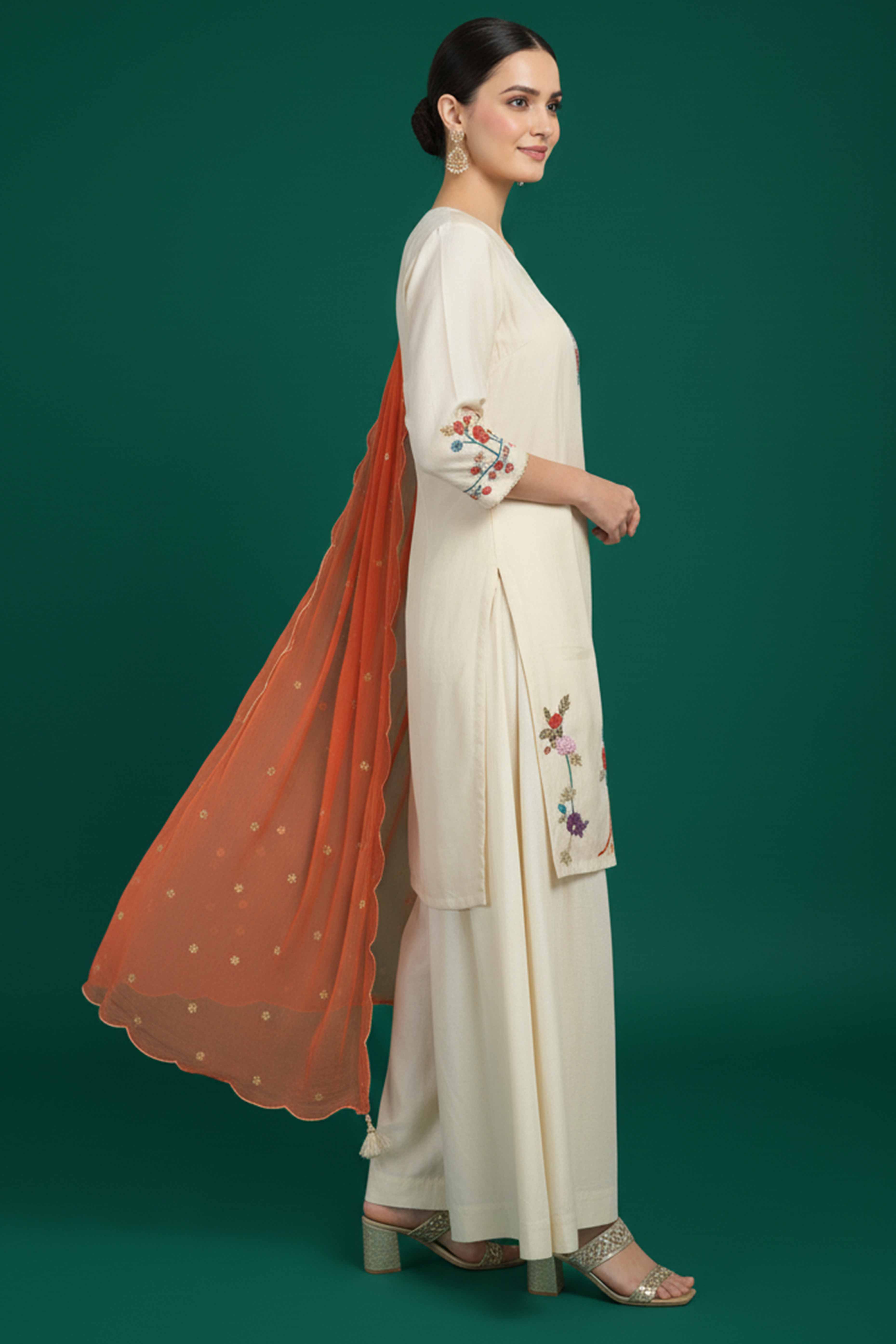 Chic Offwhite Viscose Palazzo Suit Featuring Floral Thread Embroidery & Moti Hand Work