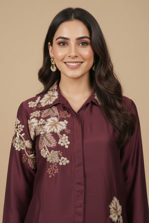 Gorgeous Wine Floral Embroidered Chinon Top Bottom Set for Party and Celebration Styling