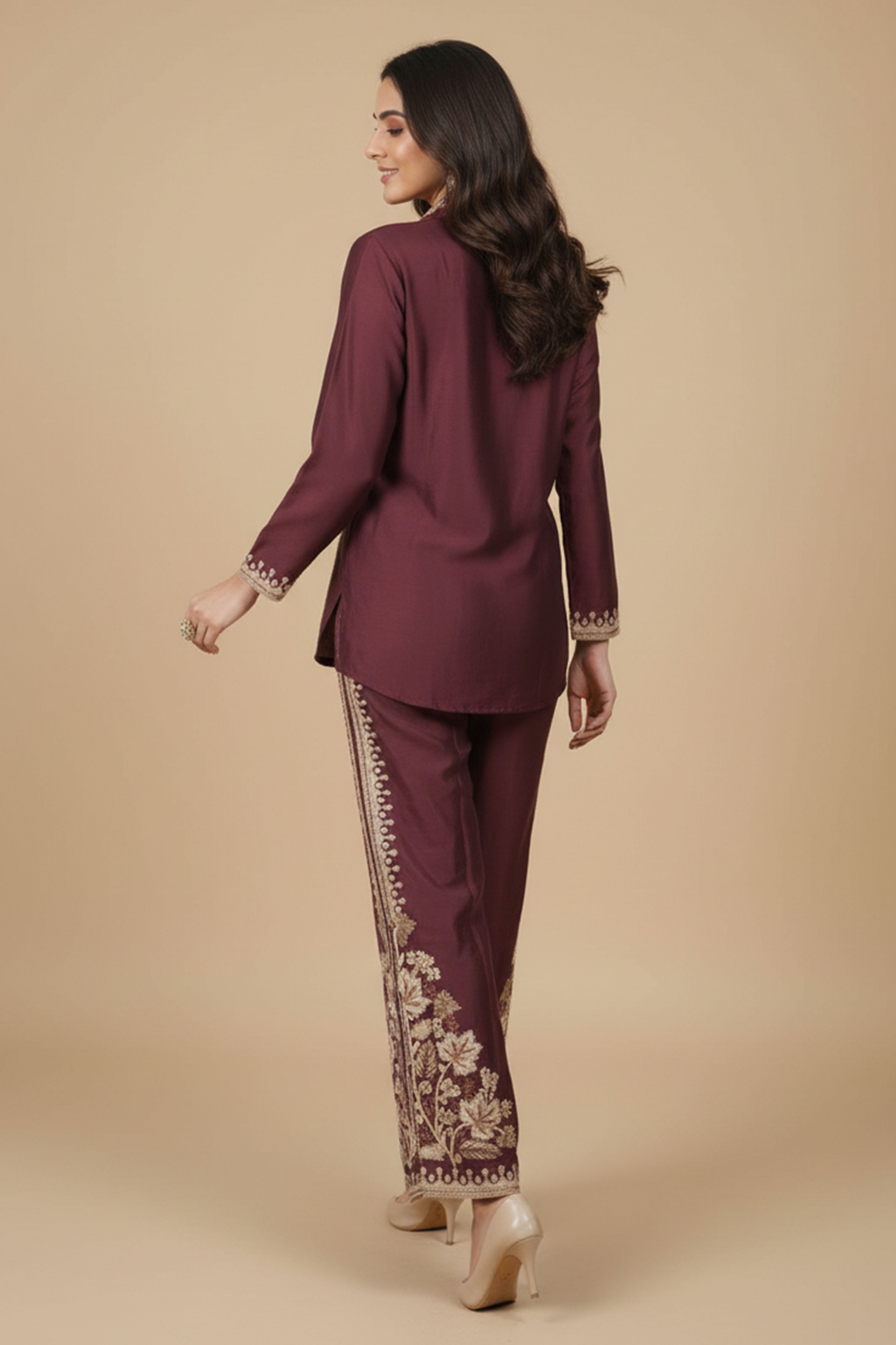 Gorgeous Wine Floral Embroidered Chinon Top Bottom Set for Party and Celebration Styling