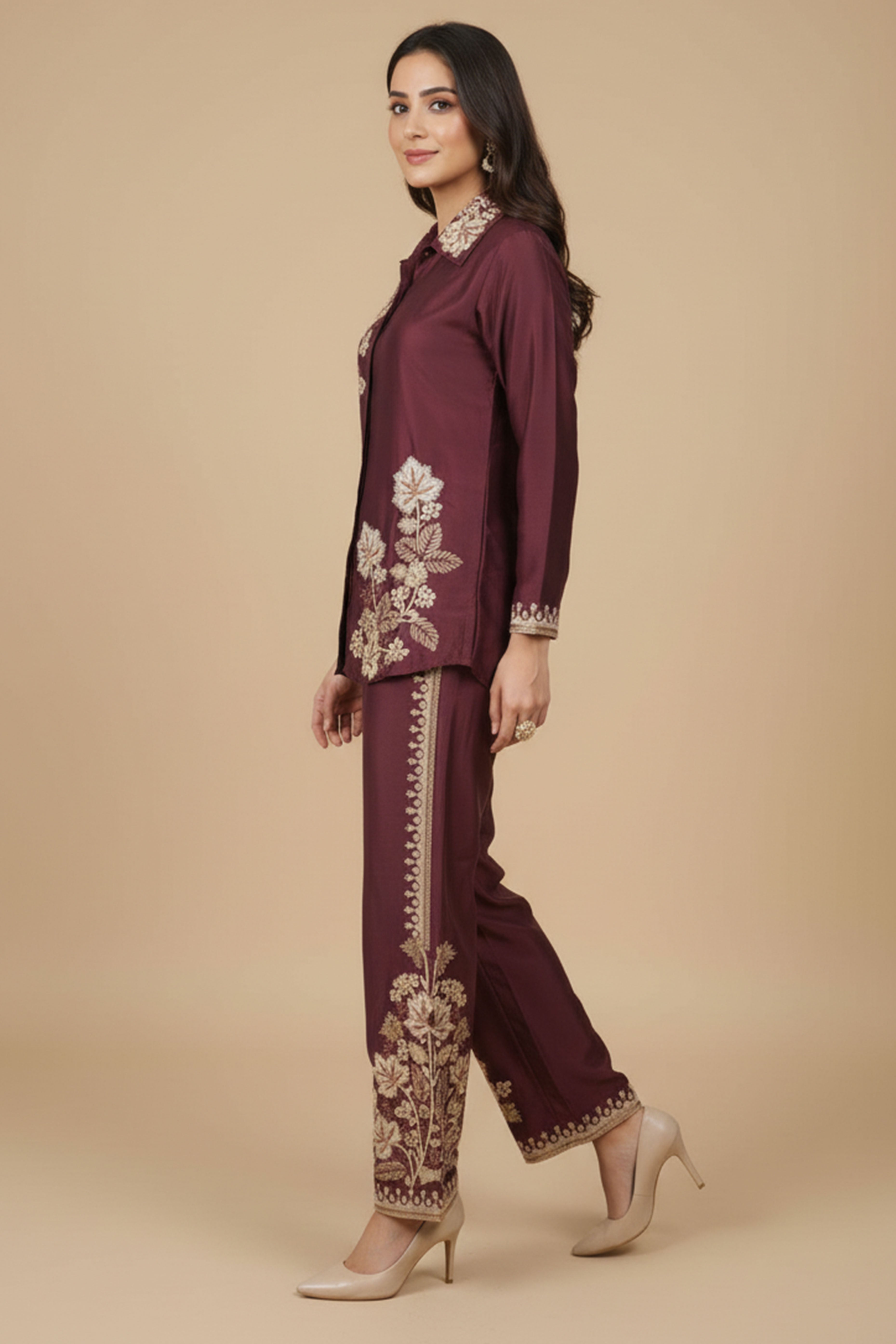 Gorgeous Wine Floral Embroidered Chinon Top Bottom Set for Party and Celebration Styling