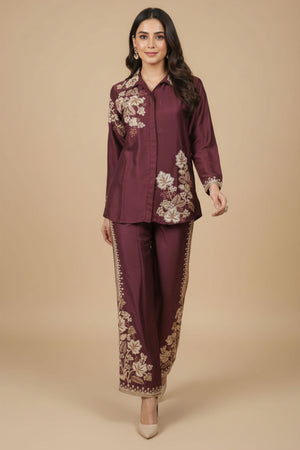 Gorgeous Wine Floral Embroidered Chinon Top Bottom Set for Party and Celebration Styling