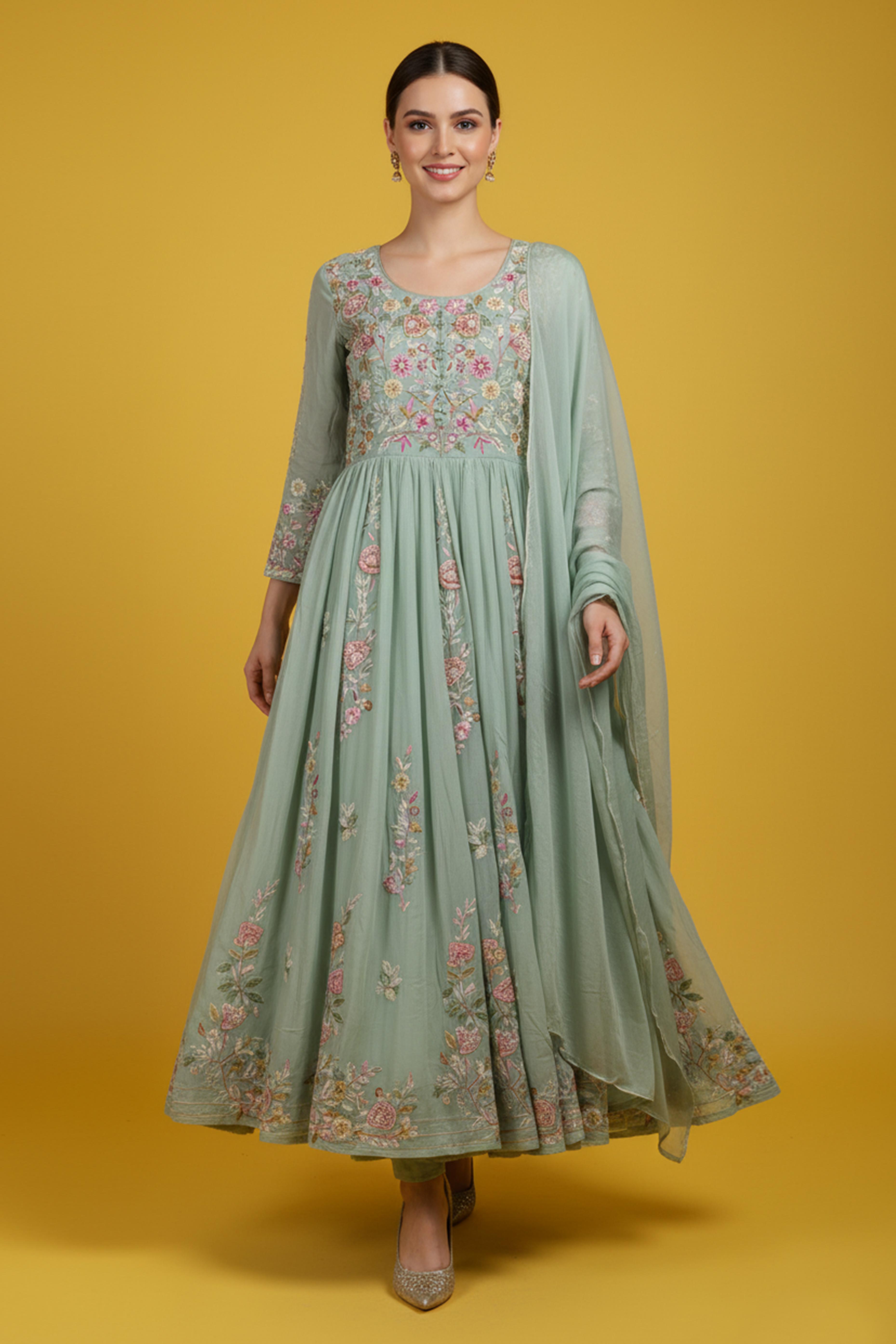 Luxurious Green Viscose Chinon Anarkali Salwar Suit with Detailed Embroidery for Festive Wear