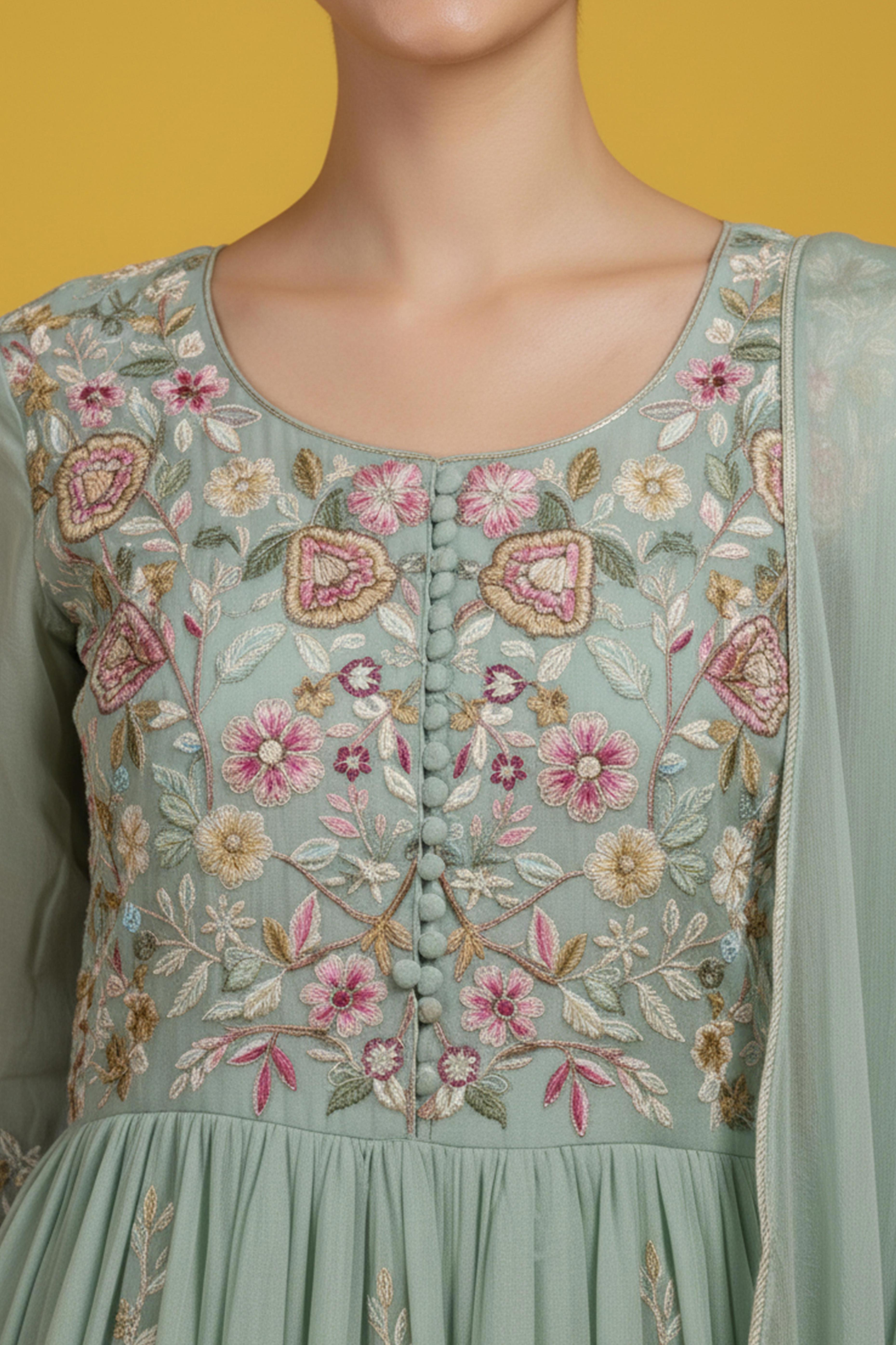 Luxurious Green Viscose Chinon Anarkali Salwar Suit with Detailed Embroidery for Festive Wear