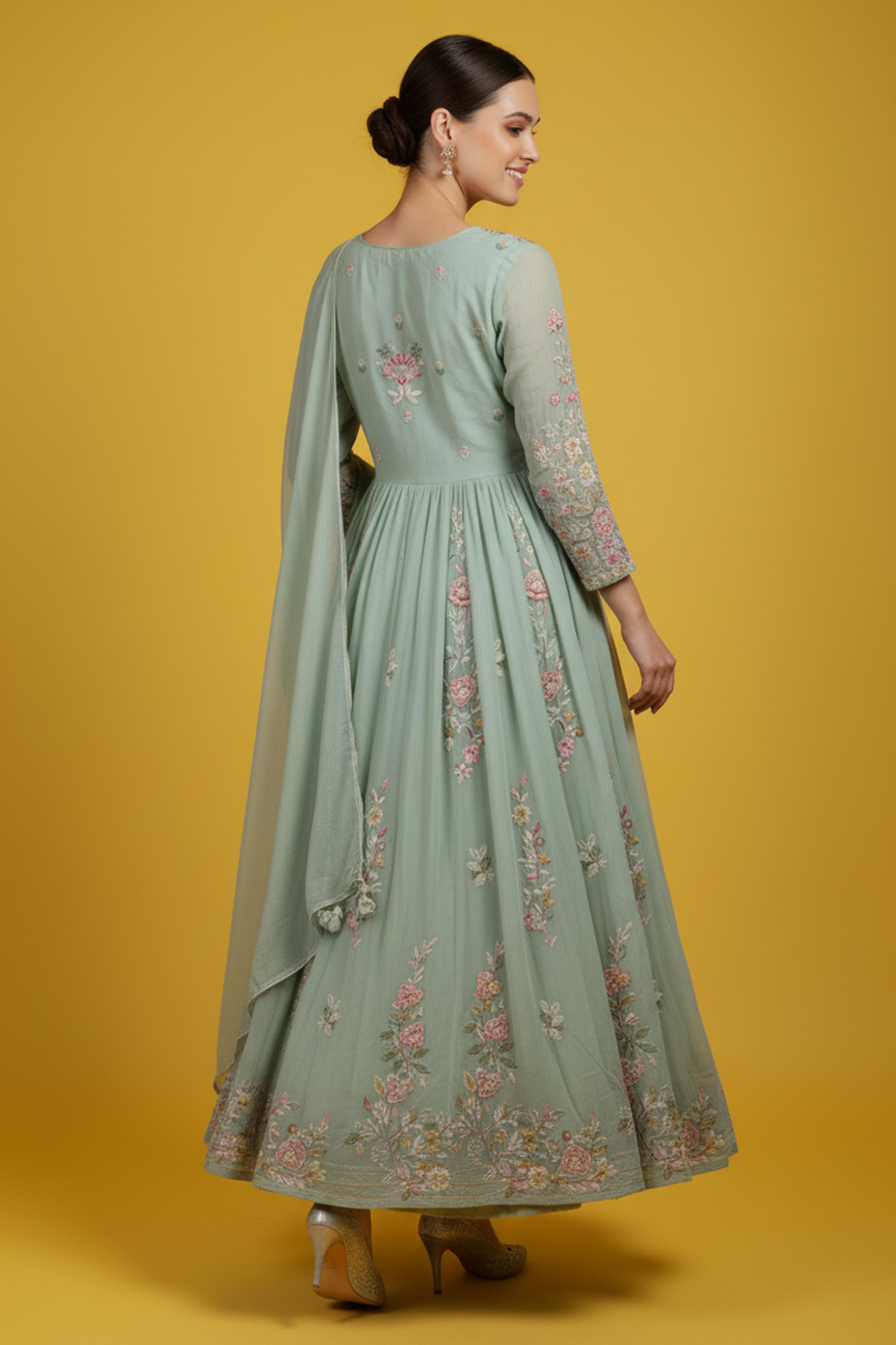 Luxurious Green Viscose Chinon Anarkali Kurti with Detailed Embroidery for Festive Wear
