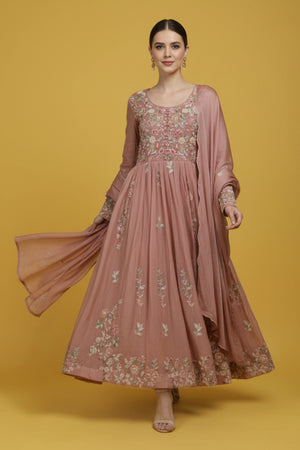 Luxurious Light Pink Viscose Chinon Anarkali Kurti with Detailed Embroidery for Festive Wear