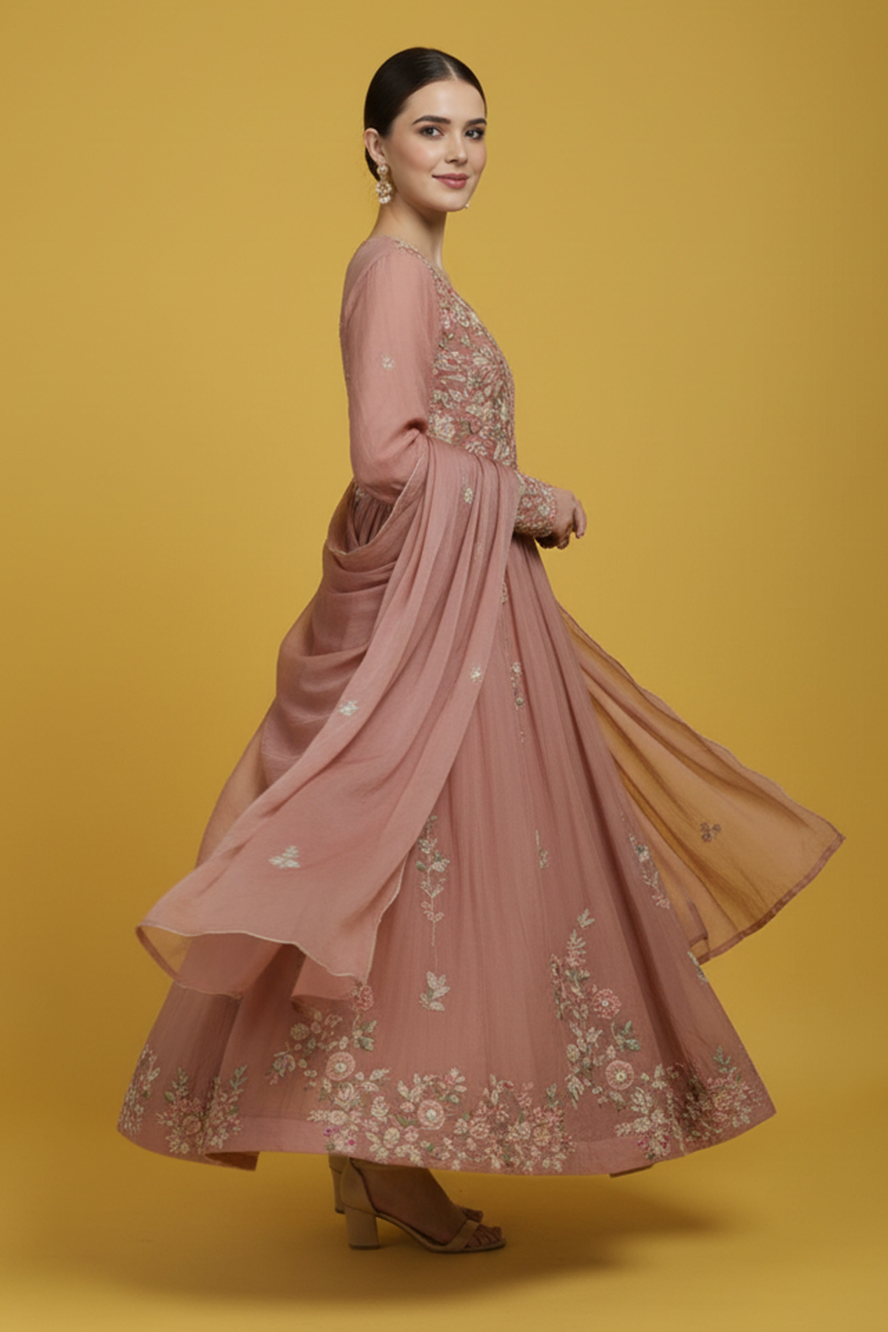 Luxurious Light Pink Viscose Chinon Anarkali Kurti with Detailed Embroidery for Festive Wear