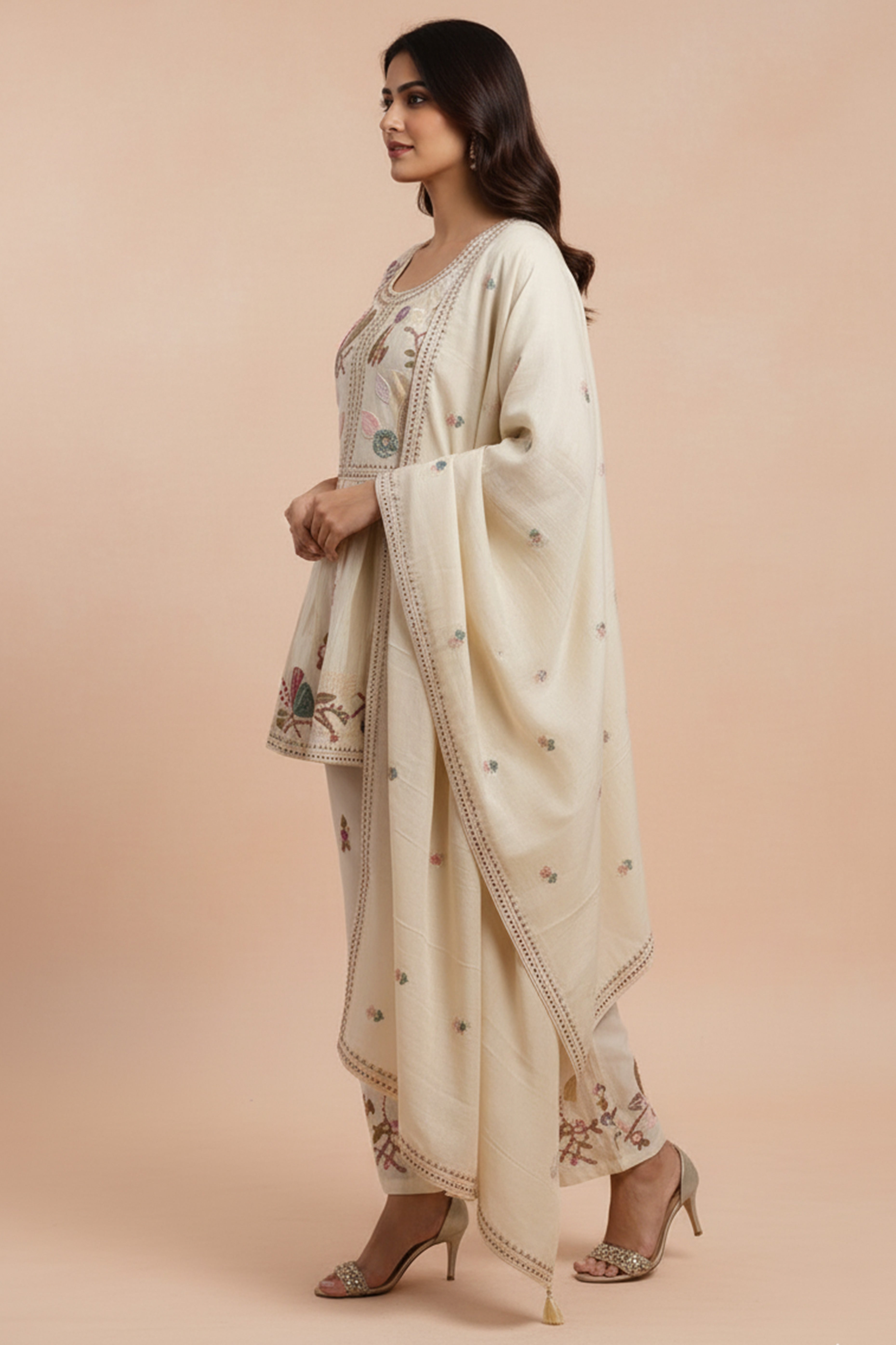 Designer Off White Viscose Tissue Salwar Suit Featuring Exquisite Thread and Bead Embroidery