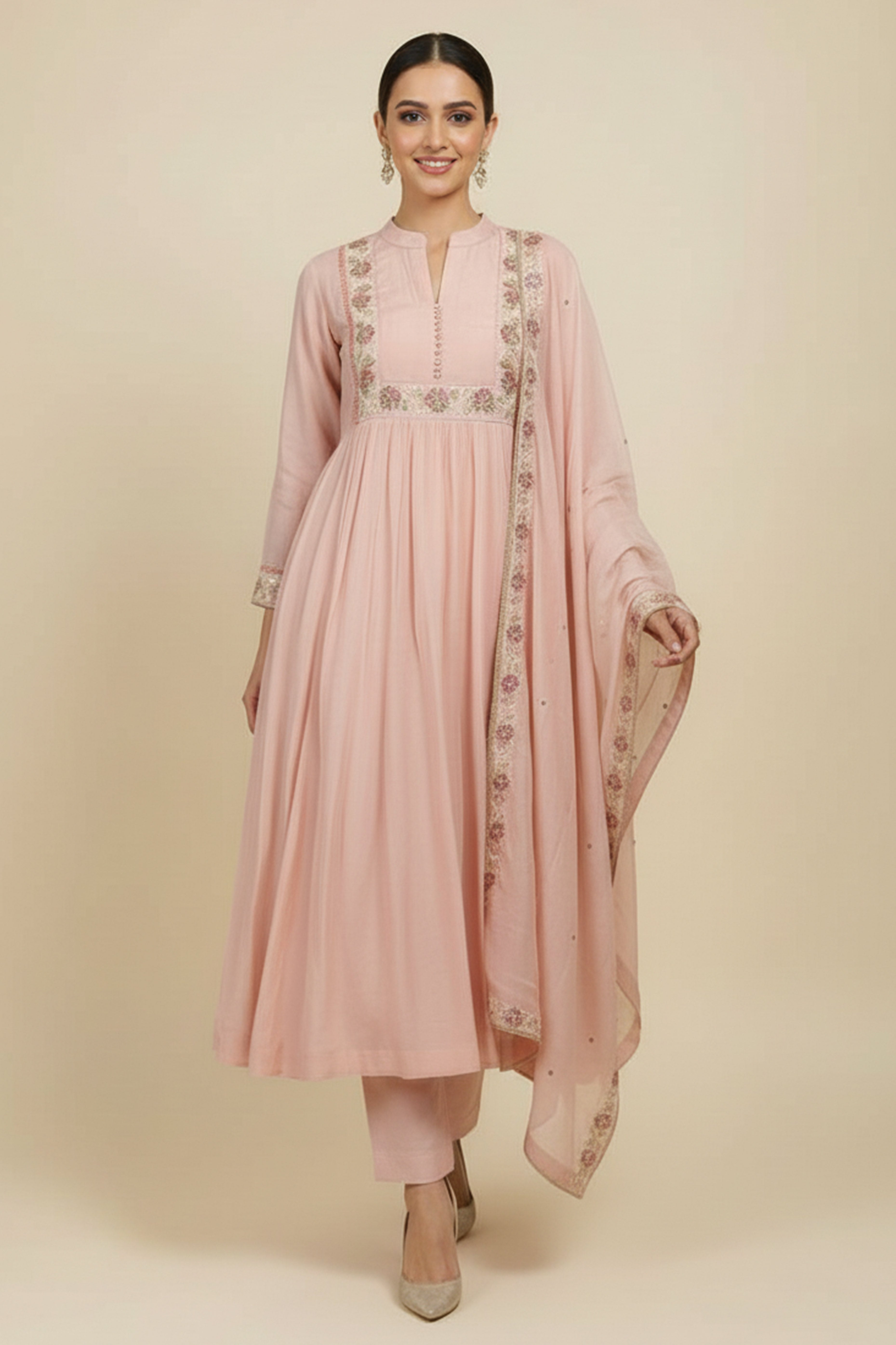 Light Pink A-Line Salwar Suit with Fine Embroidery Work on Soft Mul Chanderi Fabric