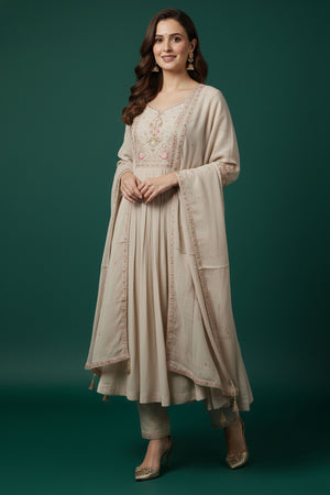 Grey Embroidered Mul Chanderi Suit Set for a Graceful Ethnic Look