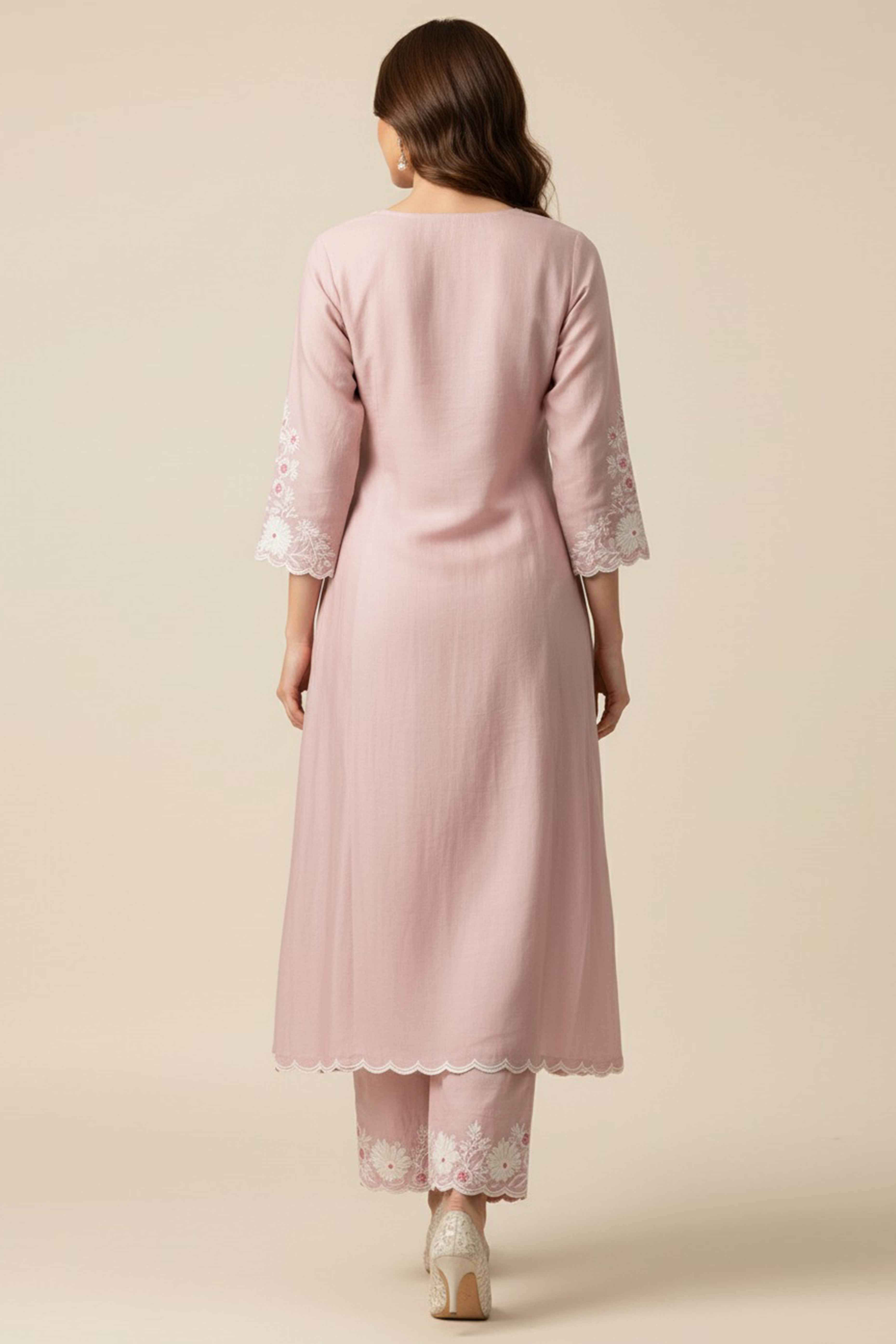 Lavender Floral Embroidered Chanderi A-line Top Bottom Set