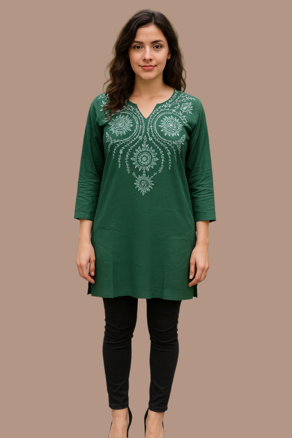 Green Yoke Embroidered Rayon Straigth Top