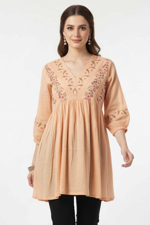 Light Peach Floral Embroidered Rayon A-Line Top
