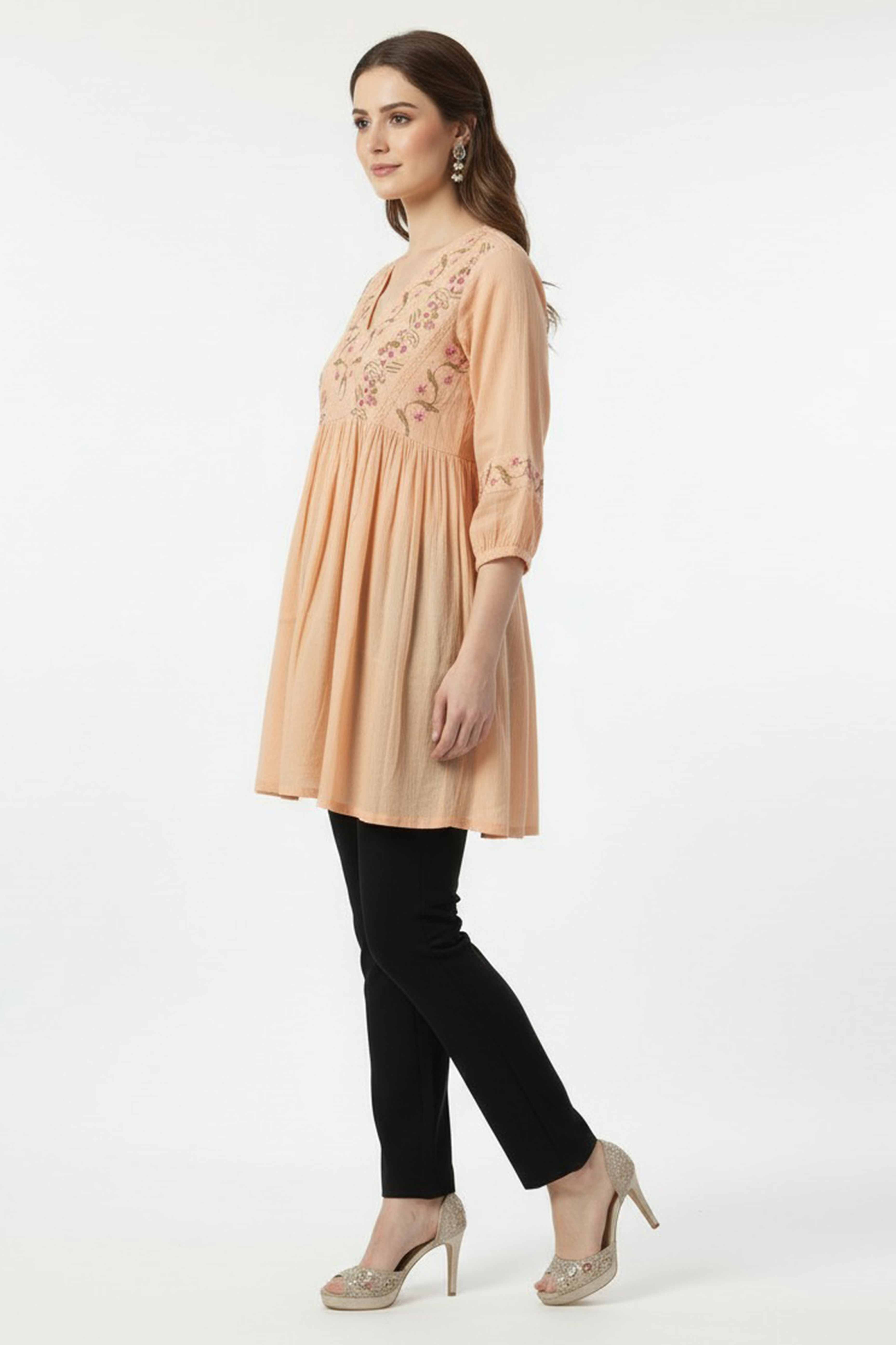 Light Peach Floral Embroidered Rayon A-Line Top
