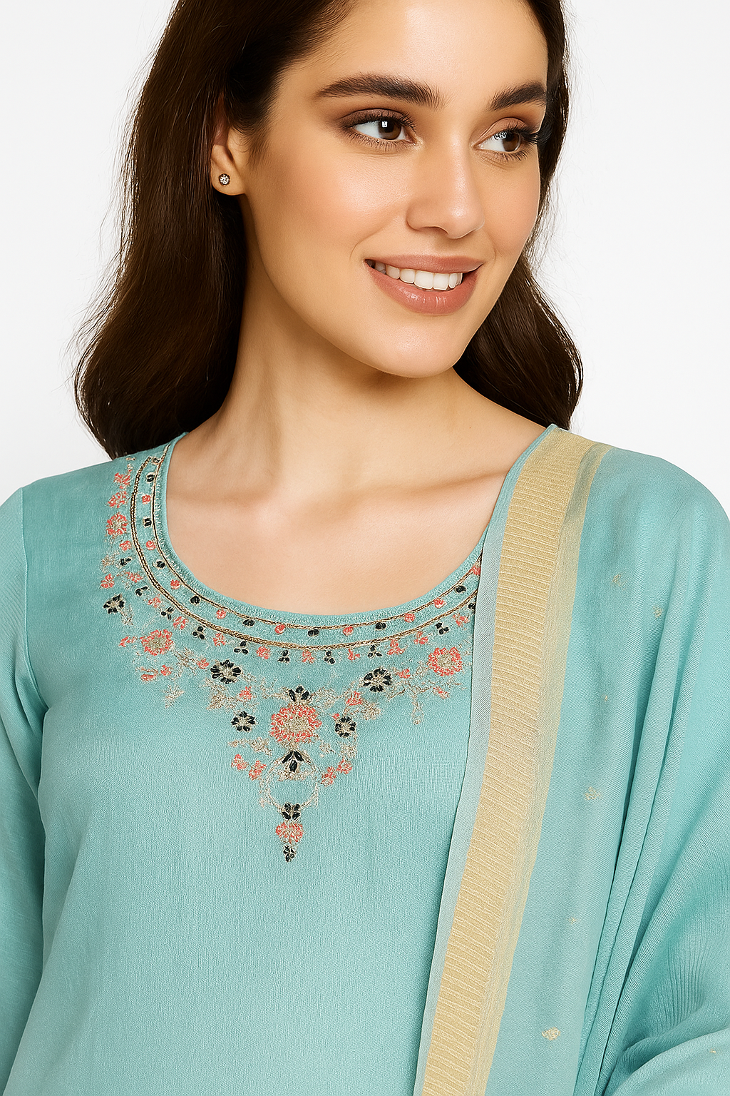 Blue Floral Sequins Embroidery With Handwork Viscose Straight Salwar Suit