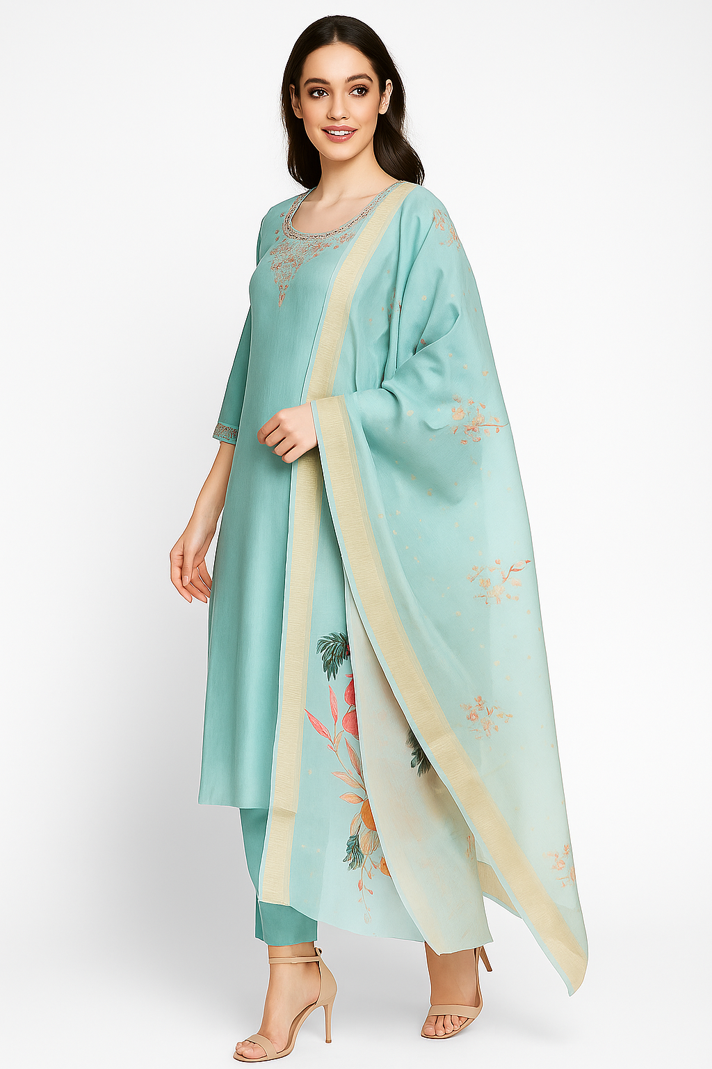 Blue Floral Sequins Embroidery With Handwork Viscose Straight Salwar Suit