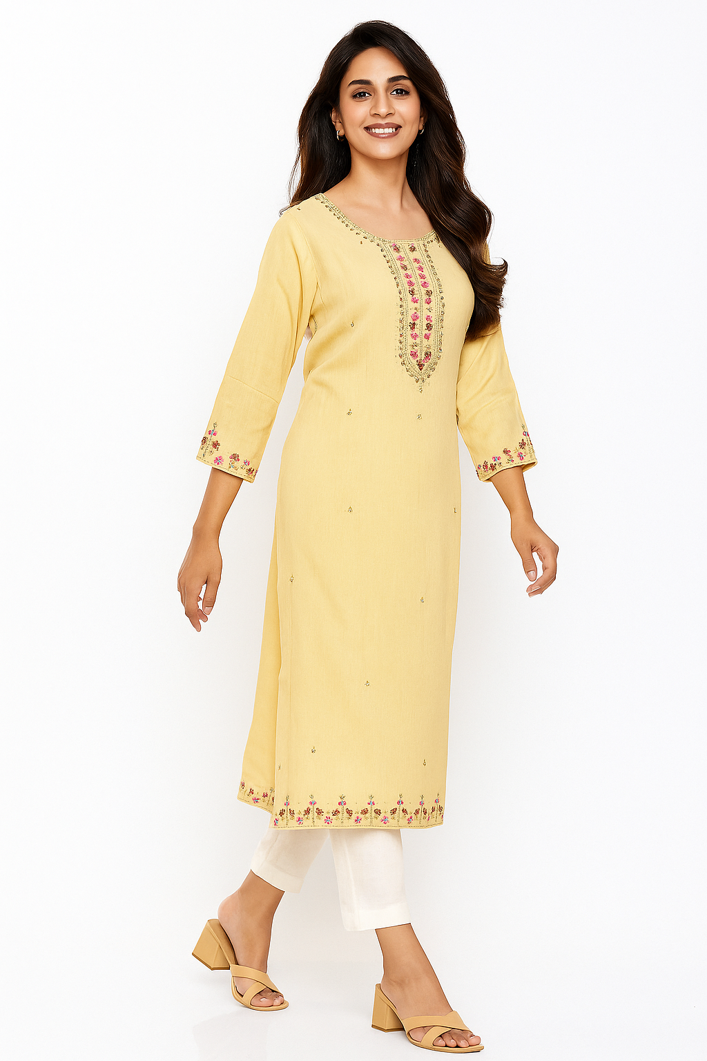 Lemon Yellow Rayon Straight Kurti with Heavy Floral Threadwork