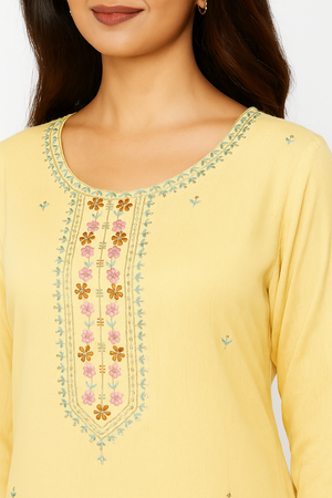 Lemon Yellow Rayon Straight Kurti with Heavy Floral Threadwork