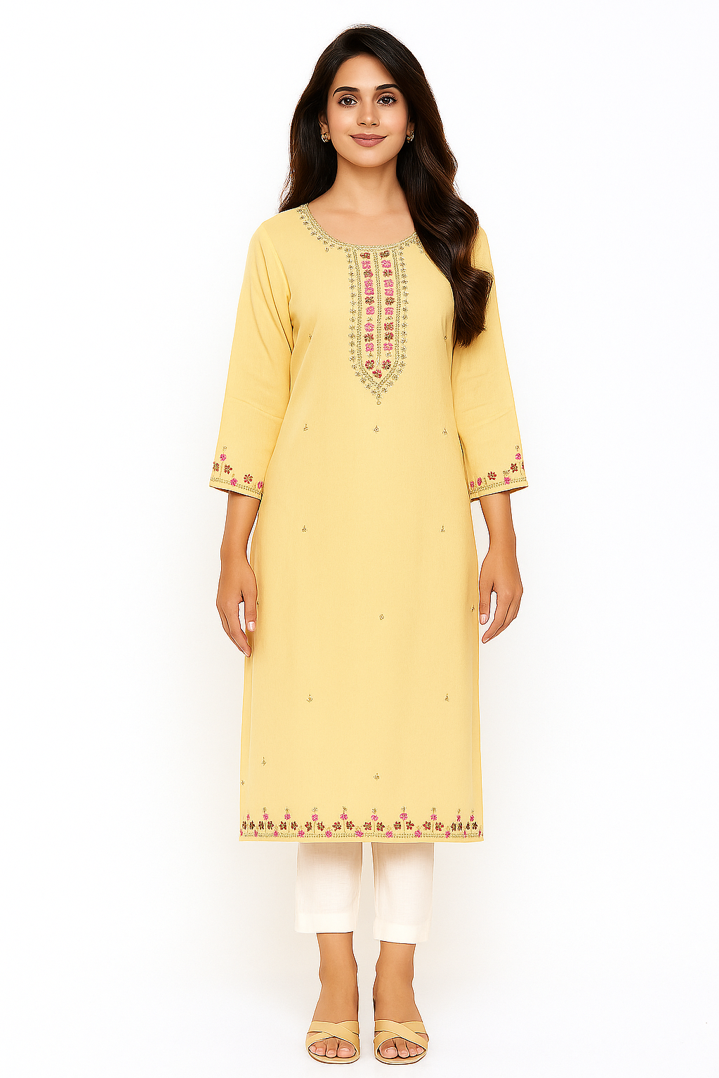 Lemon Yellow Rayon Straight Kurti with Heavy Floral Threadwork