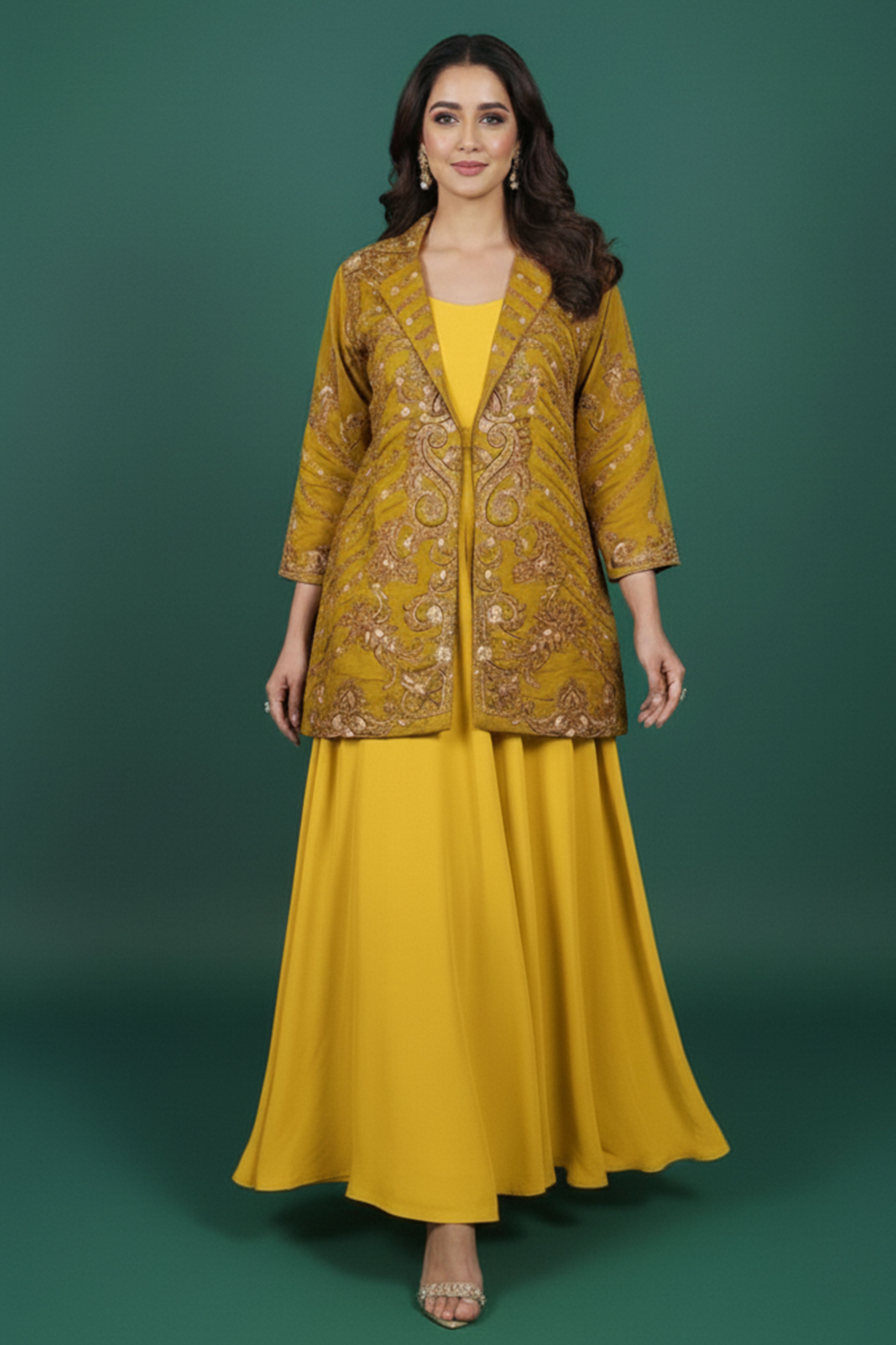 Luxe Mustard Solid Chanderi Silk Co-Ord Set with Ornate Embroidered Coat