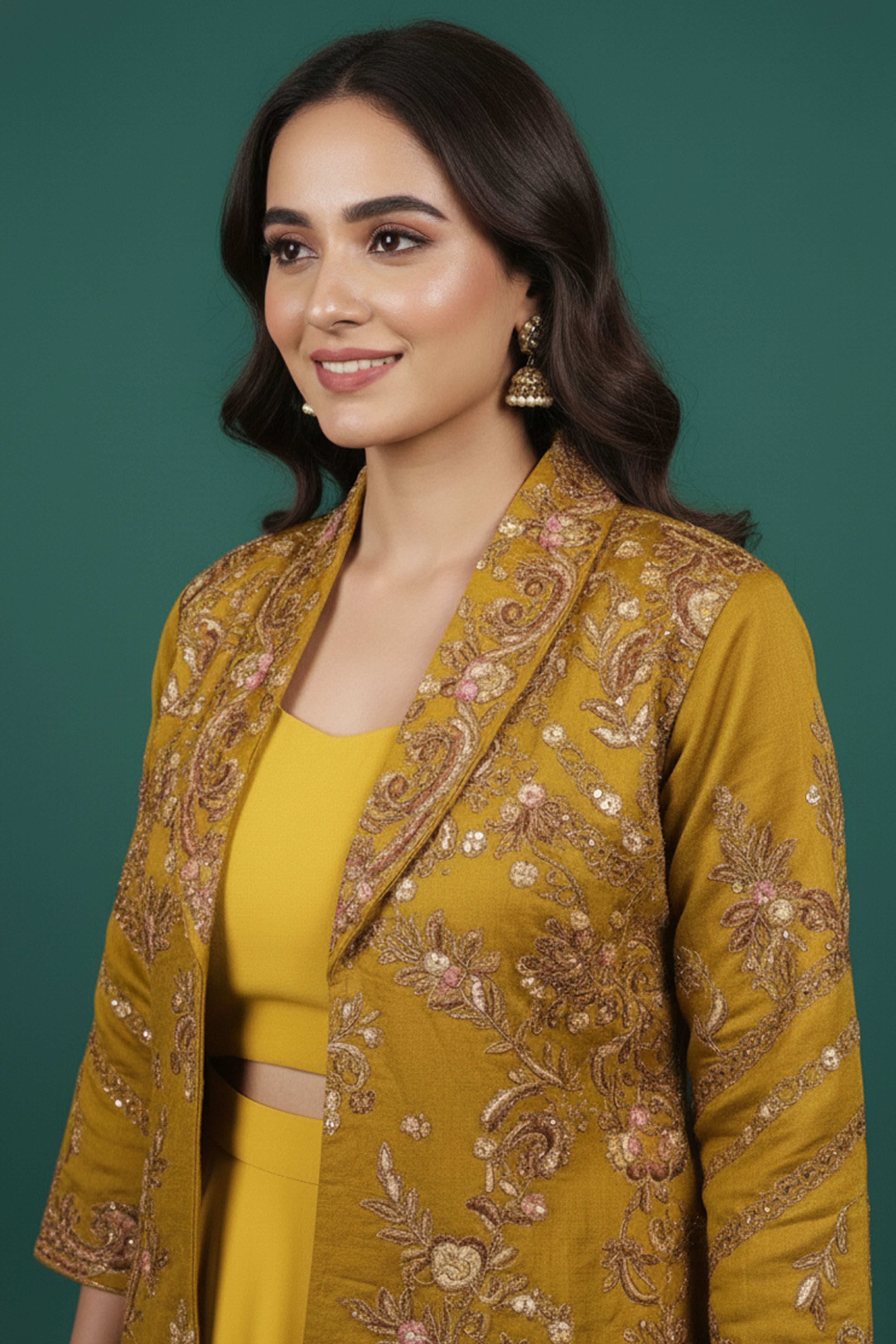 Luxe Mustard Solid Chanderi Silk Co-Ord Set with Ornate Embroidered Coat