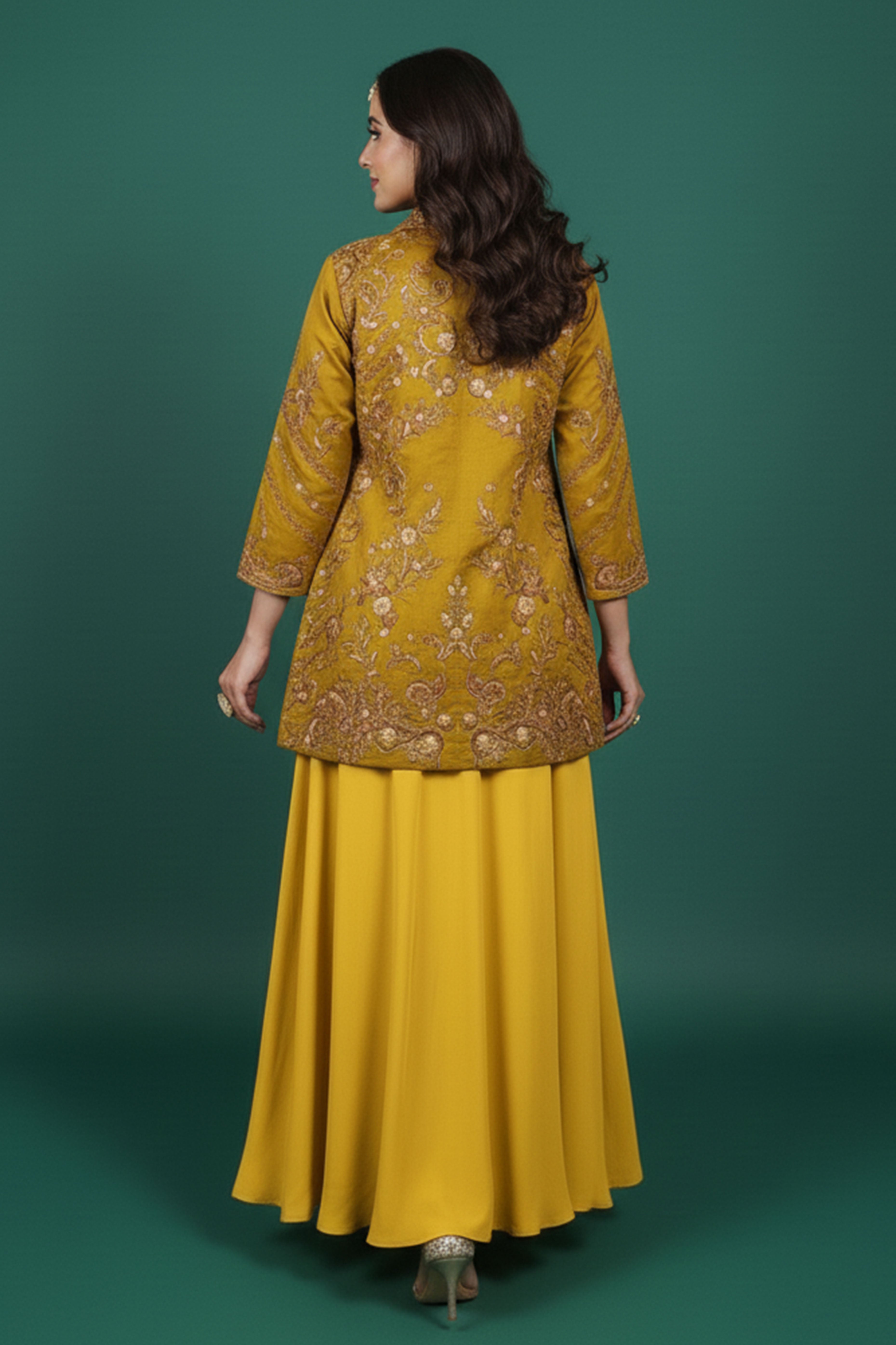 Luxe Mustard Solid Chanderi Silk Co-Ord Set with Ornate Embroidered Coat