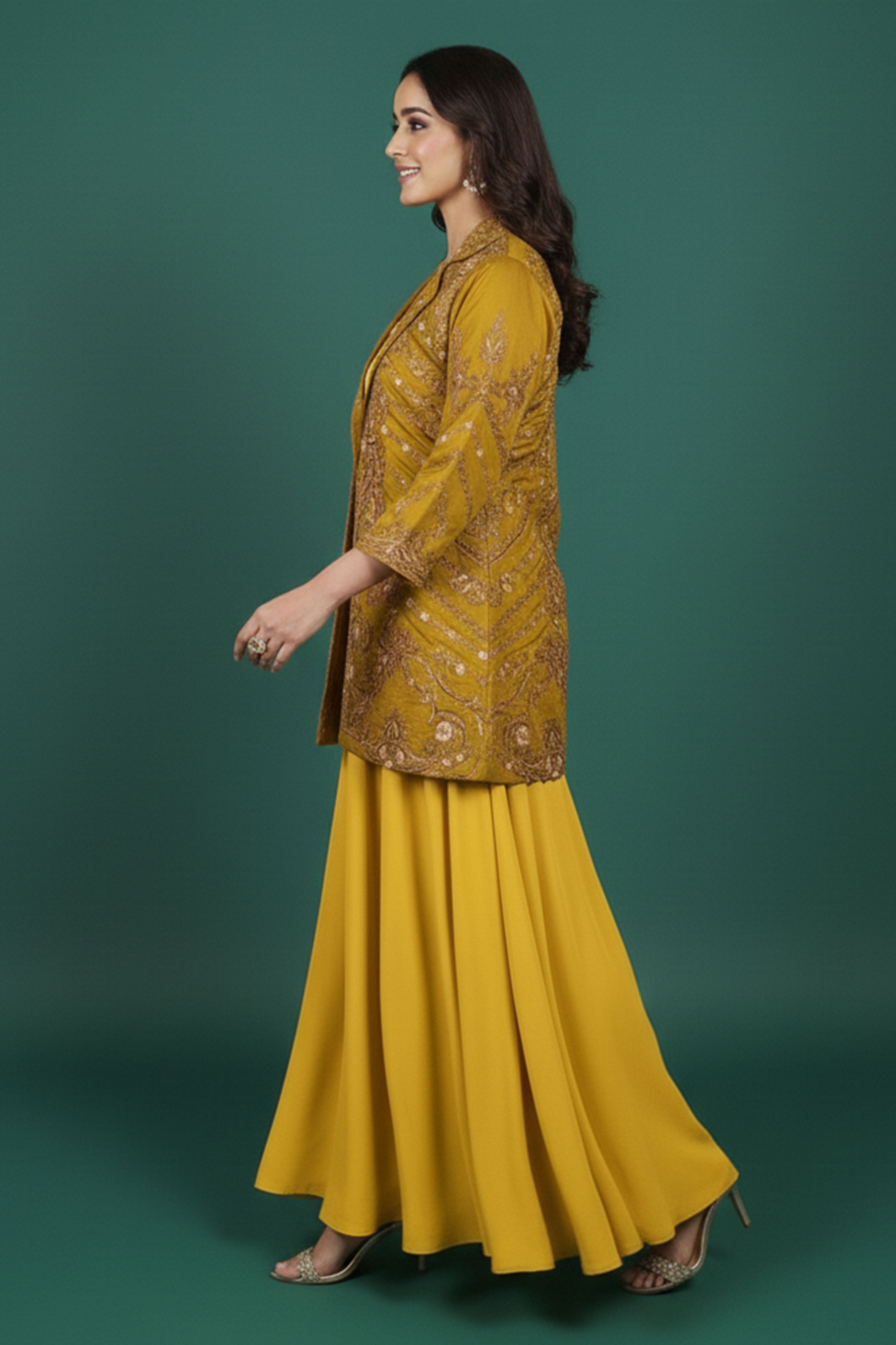Luxe Mustard Solid Chanderi Silk Co-Ord Set with Ornate Embroidered Coat