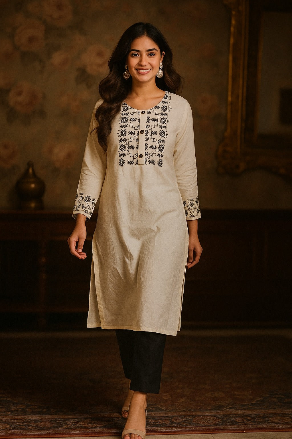 White Viscose Kurti Featuring Hand Touched Embroidery Work on the Neck