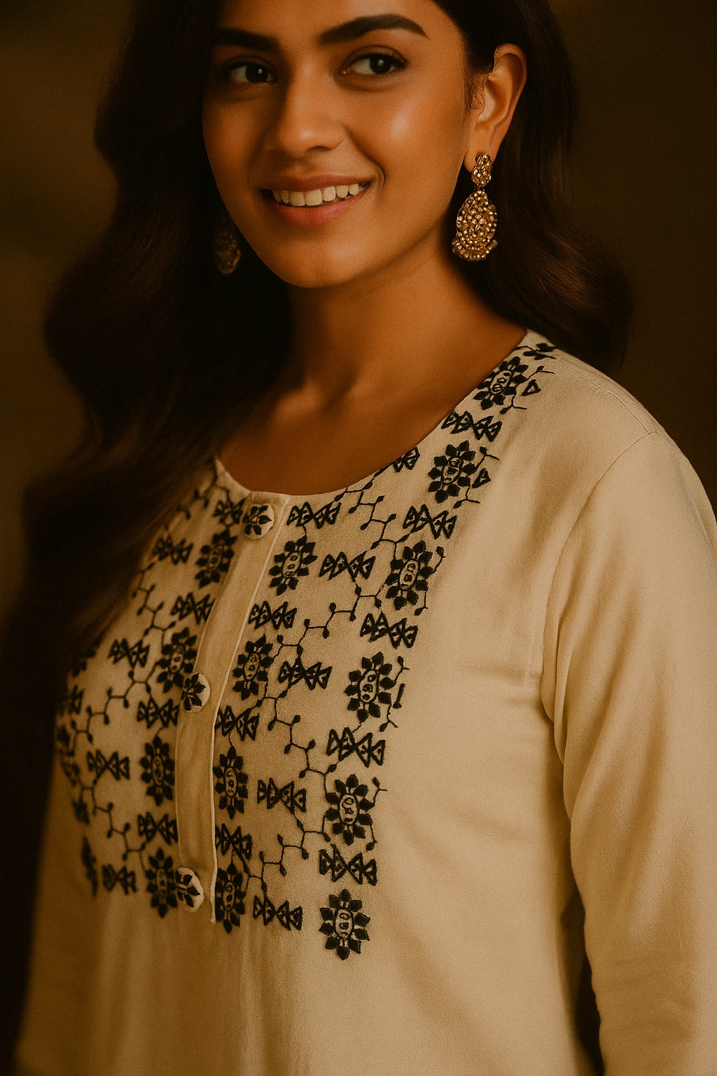 White Viscose Kurti Featuring Hand Touched Embroidery Work on the Neck