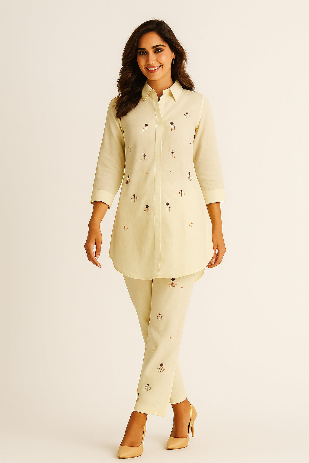 Viscose Cambric Cotton Two-Piece Set in Off White with Fine Embroidery