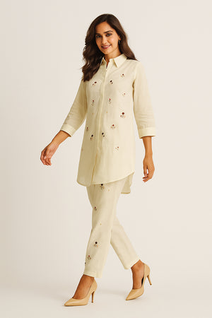 Viscose Cambric Cotton Two-Piece Set in Off White with Fine Embroidery