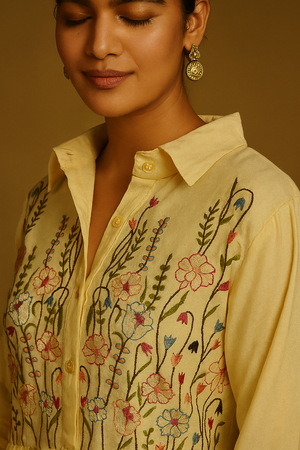 Powder Yellow Heavy Rayon Tunic Top with Delicate Floral Embroidery
