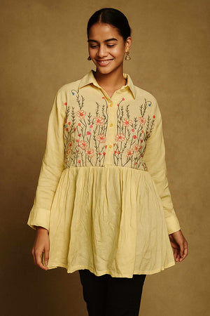 Powder Yellow Heavy Rayon Tunic Top with Delicate Floral Embroidery