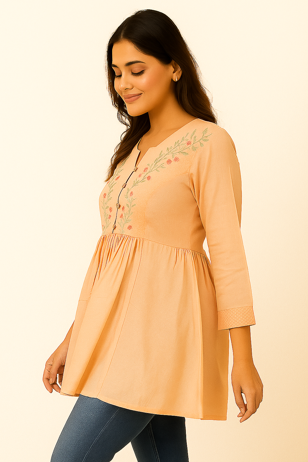 Peach Thread Embroidered Viscose Rayon A-Line Top