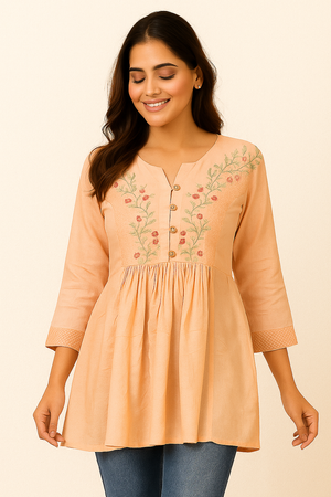 Peach Thread Embroidered Viscose Rayon A-Line Top