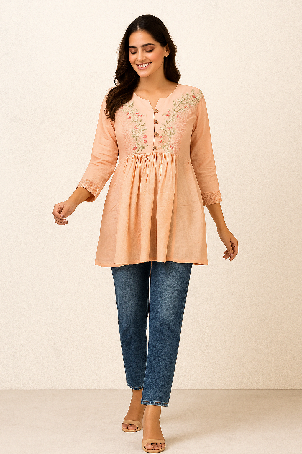 Peach Thread Embroidered Viscose Rayon A-Line Top