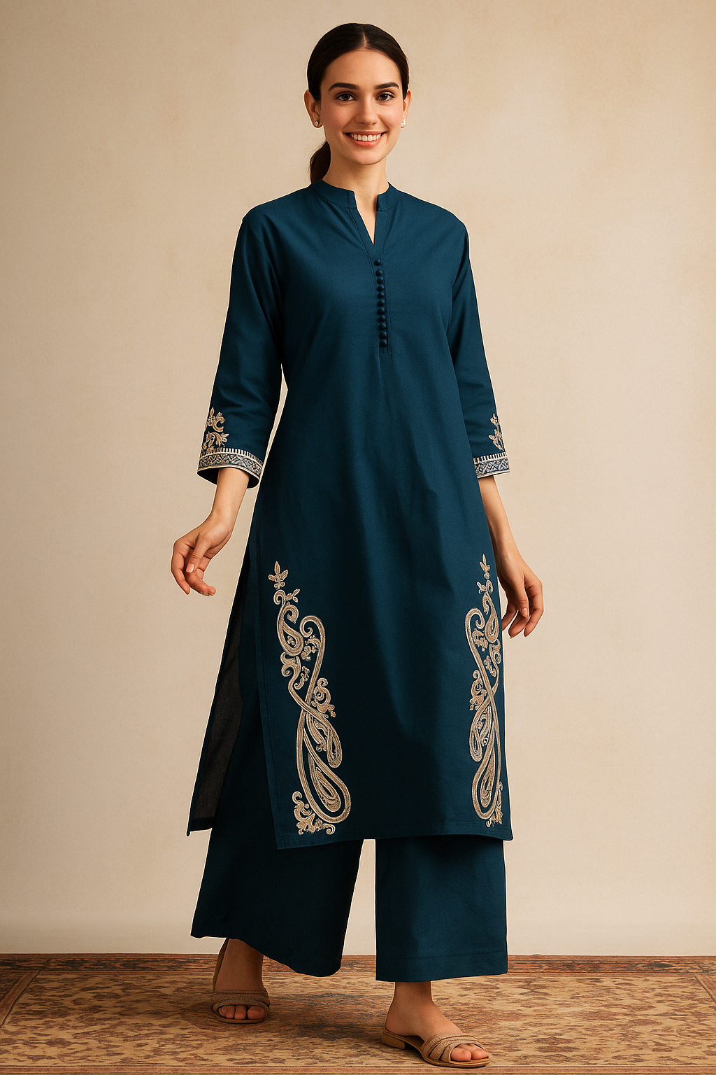 Teal Cambric Cotton Top Bottom Set Adorned with Delicate Embroidered Patterns