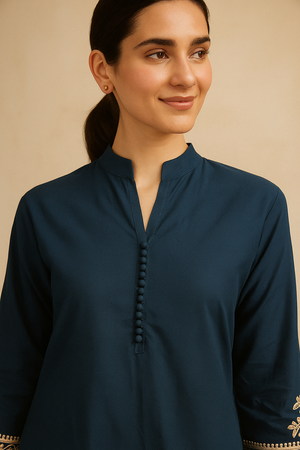 Teal Cambric Cotton Top Bottom Set Adorned with Delicate Embroidered Patterns