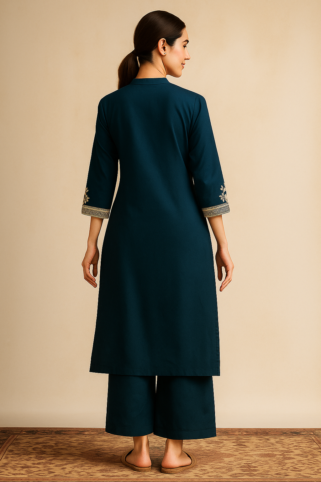 Teal Cambric Cotton Top Bottom Set Adorned with Delicate Embroidered Patterns